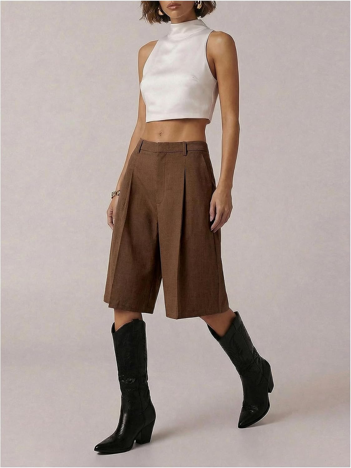 Milumia Women's Dressy Casual Wide Leg Bermuda Shorts Pleated Dress Shorts with Pockets