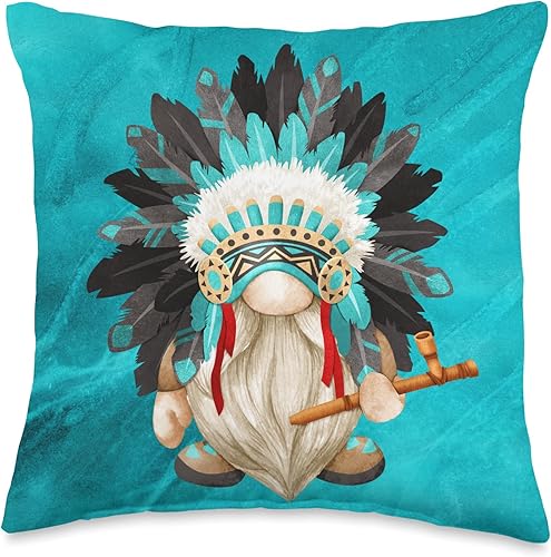 Indian Chief with Peace Pipe and Feather Headress-Gnomo, almohada de 16 x 16, multicolor