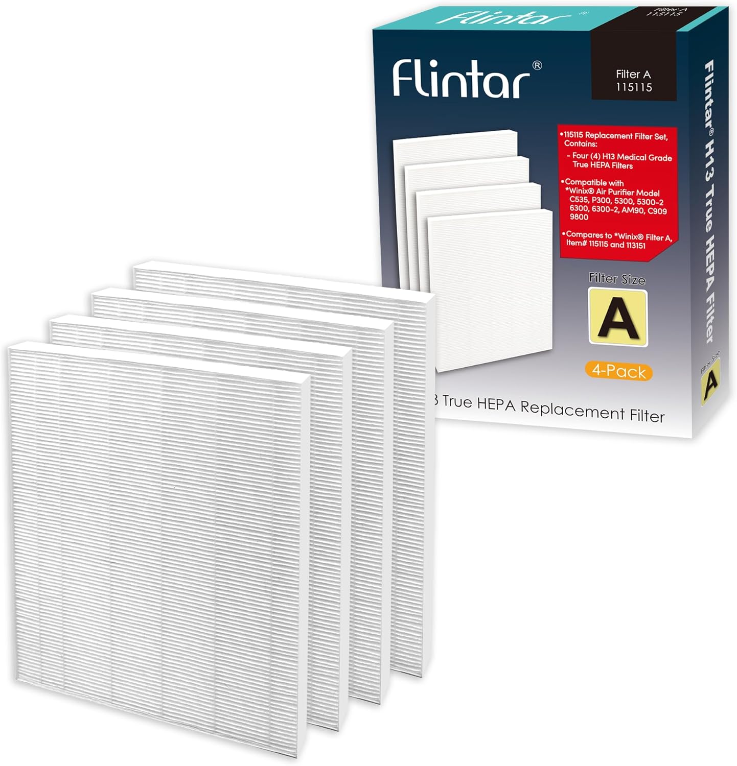 Flintar 115115 Filter A, Made in TAIWAN, Compatible with Winix Air Purifier C535, C909, 5300, 6300, P300, H13 Grade Replacement Filters, 4-Pack