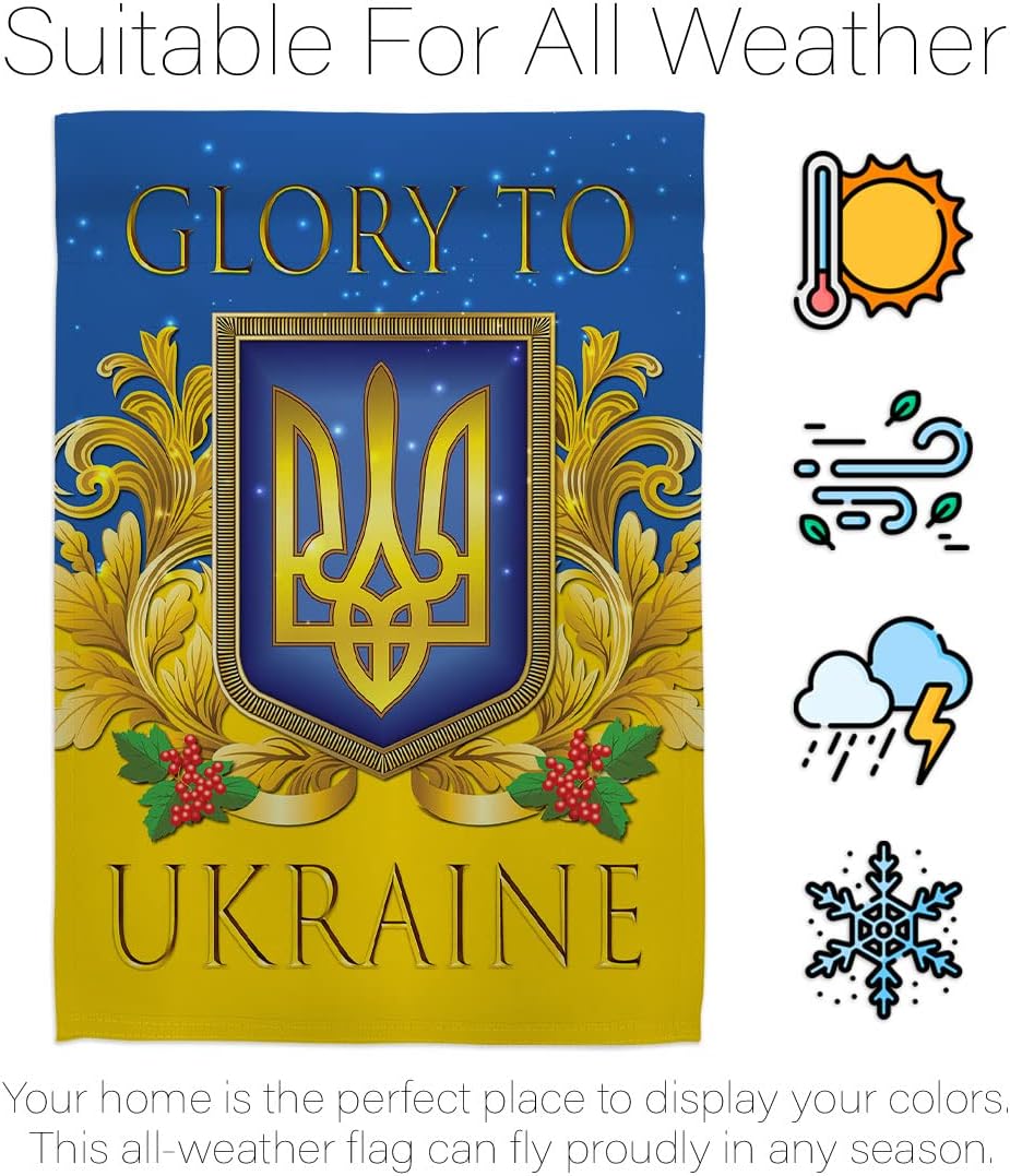Glory to Ukraine Garden Flag - Set with Stand Support Cause Ukrainian - House Decoration Banner Small Yard Gift Double-Sided Made in USA 13 X 18.5