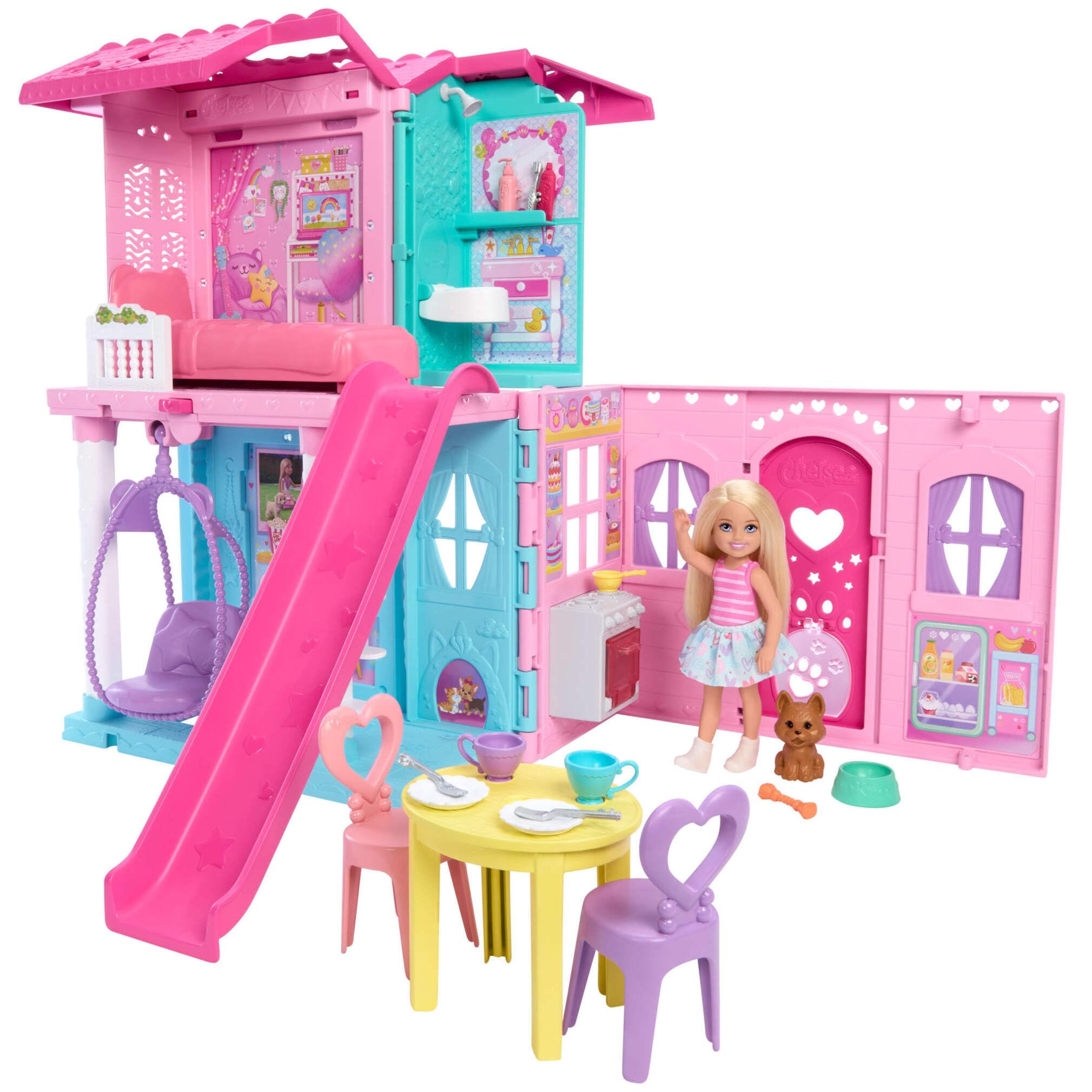 Barbie Chelsea Casa de muñecas con más de 15 accesorios, casa desplegable que se amplía a más de 43,2x33cm con 5 áreas de juego y tobogán, incluye muñeca pequeña y perrito mascota, JFW49