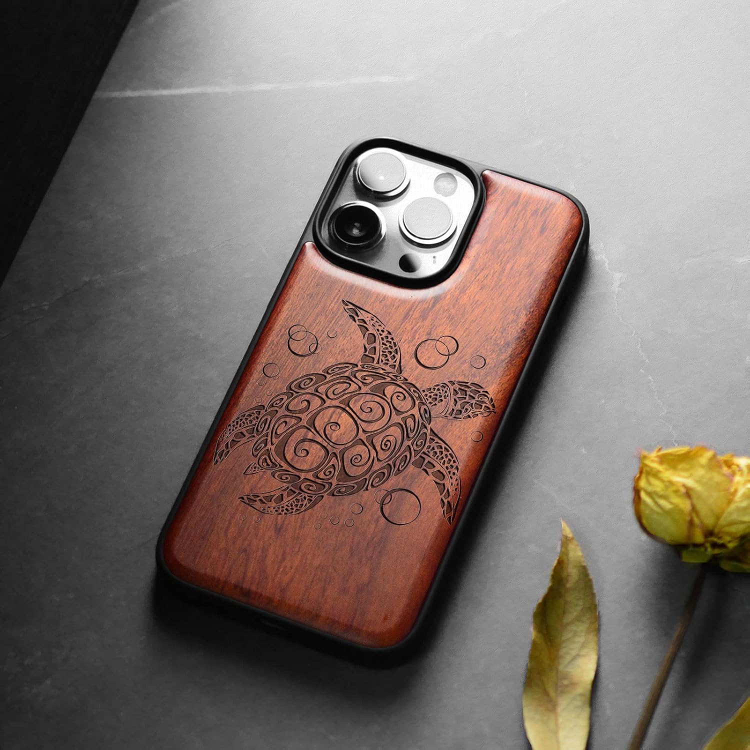 Carveit Magnetic Wood Case for iPhone 14 Pro Max [Natural Wood & Black Soft TPU] Unique & Classy Wooden Shockproof Protective Cover Compatible with magsafe (Sea Turtle -Rosy)