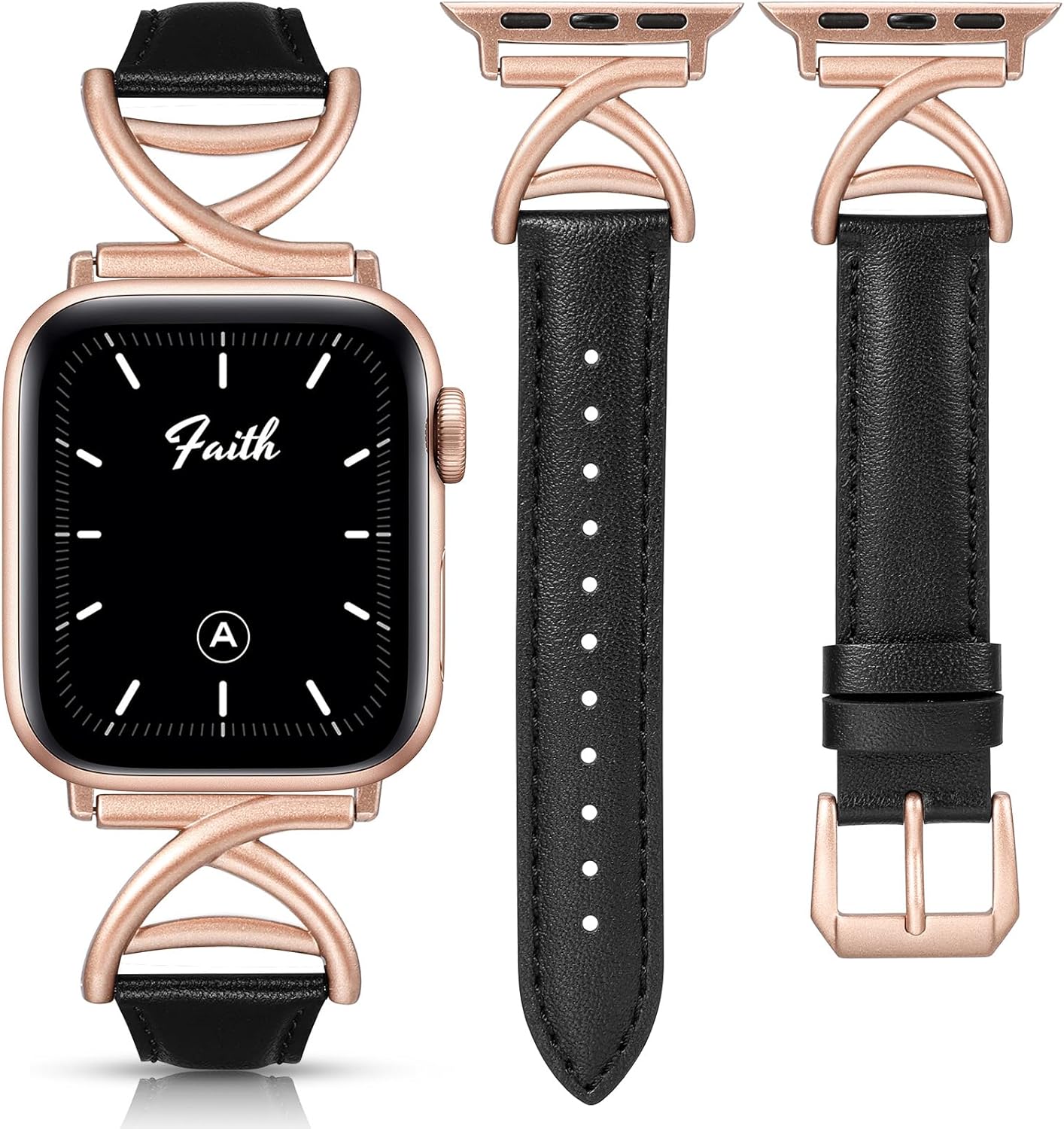 Minyee Leather Band Compatible with Apple Watch Bands 38/40/41/42/44/45/46/49mm Women, Slim Dressy Premium Leather Strap with A-Shape Metal Buckle for iWatch Series 11 10 9 8 7 6 5 4 SE/Ultra 3 2 1