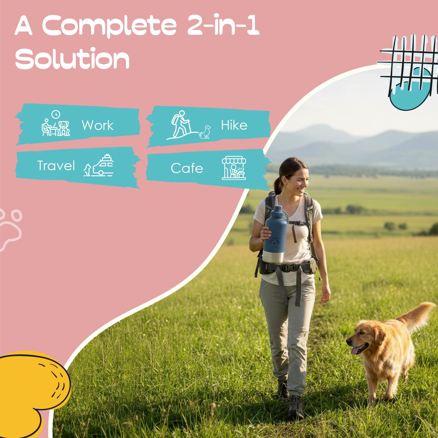 LOVE WAG & PLAY Borraccia per cani da 32 once – Borraccia portatile 2 in 1 per animali domestici, con ciotole integrate, a prova di perdite, senza BPA, per escursioni, passeggiate, uso esterno (blu