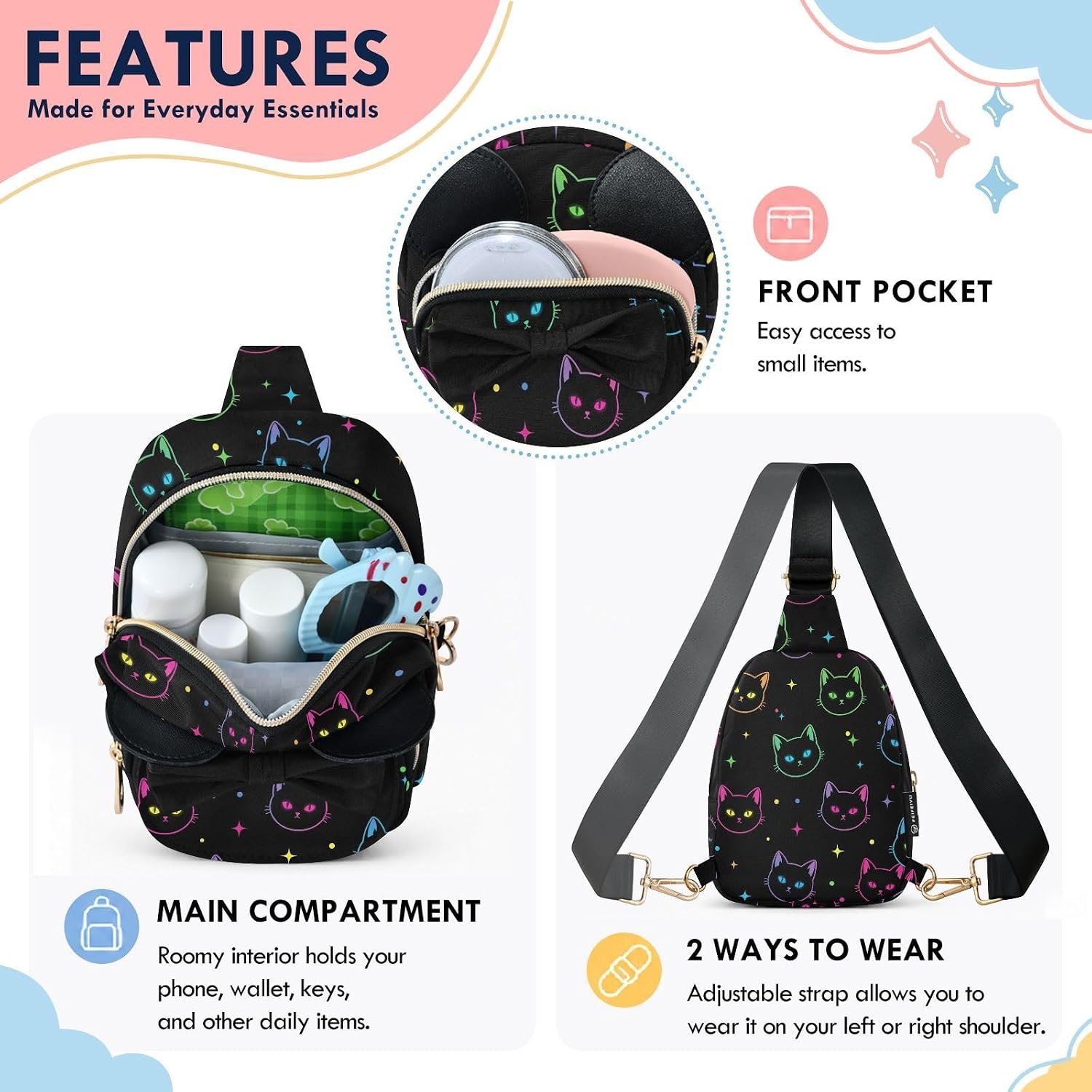 Sinestour Neon Cats Kids Sling Bag for Girls, 7.5x3.1x5.7In | Crossbody Fanny Pack, Toddler Purse, Cute Sling Belt Bag with Ears, 2L Small Shoulder Chest Bag for Travel