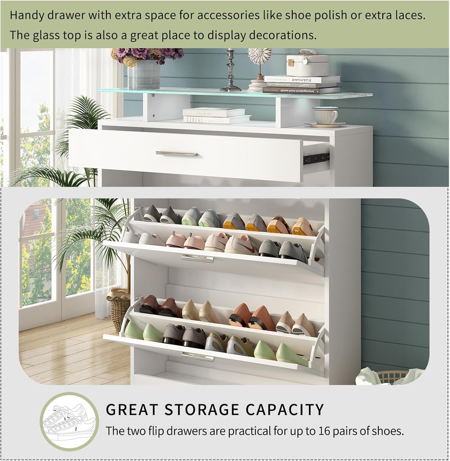 Slim Entryway Organizer with LED Light, Tempered Glass Top Storage Cabinet with 2 Flip, Free Standing Shoe Rack with Drawer for Hallway (White)