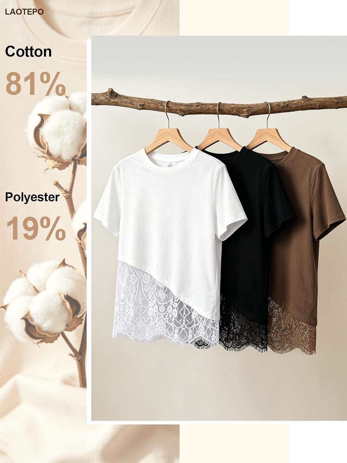 Women's Lace Patchwork Tops Cotton Short Sleeve T Shirts