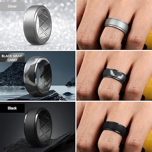 Miniatura 3 de Egnaro Anillo de silicona para hombre, 7 anillos, 4 anillos, 1 anillo con borde escalonado, bandas de boda de goma de 0.335 in de ancho - 0.098 in