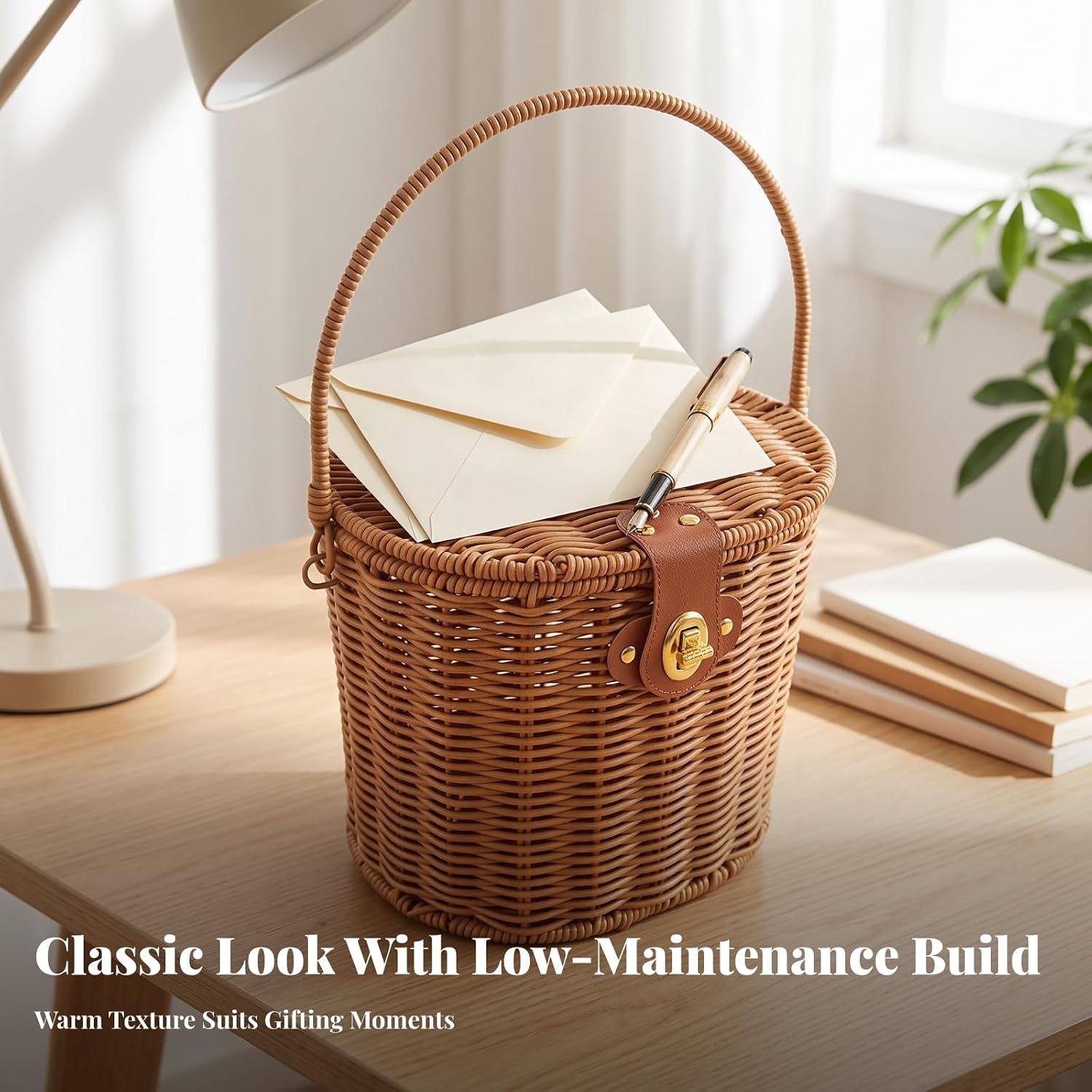 Compact Oval Wicker Basket with Clasp | Rattan Basket with Lid, Handheld, for Gift Presentation, Home Organization, Without Cloth image 5