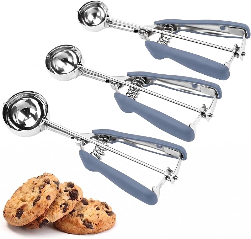 Cookie Scoop Set, 3Pcs Ice Cream Scoop, Cookie Scoops for Baking Set of 3, 18/8 Stainless Steel Cookie Scooper for Baking, Ice Cream Scooper with Trigger Release, Blue Gray Grip Cookie Dough Scoop