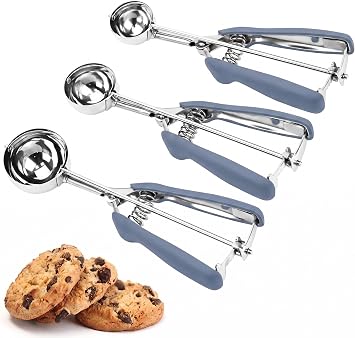 Cookie Scoop Set, 3Pcs Ice Cream Scoop, Cookie Scoops for Baking Set of 3, 18/8 Stainless Steel Cookie Scooper for Baking, Ice Cream Scooper with Trigger Release, Blue Gray Grip Cookie Dough Scoop