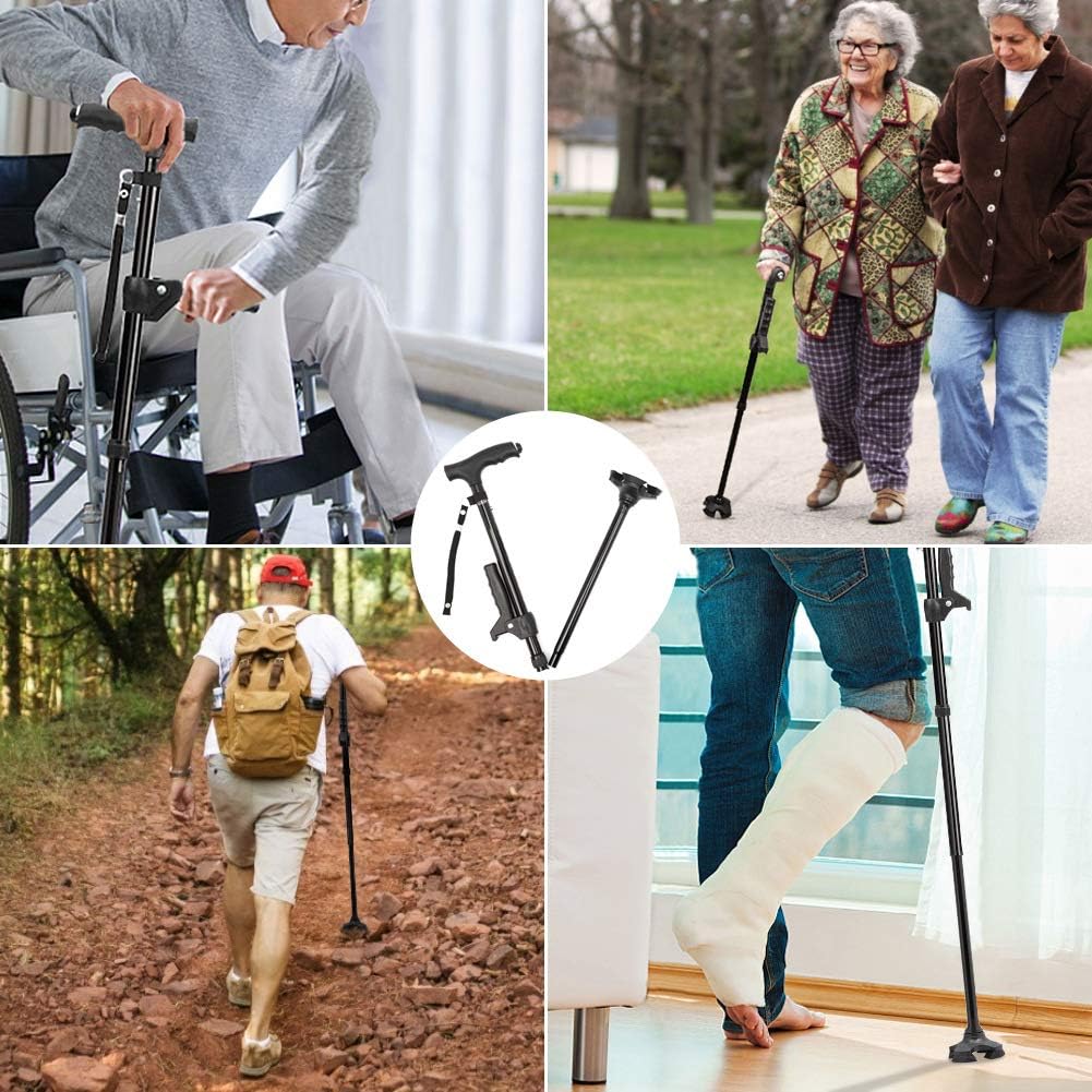 Crazy Deals SUEH DESIGN Foldable Walking Cane for Men and Women with LED Light and 11 Adjustable Heights | Collapsible and Portable Elderly Walking Stick with Folding Side Handle, Black