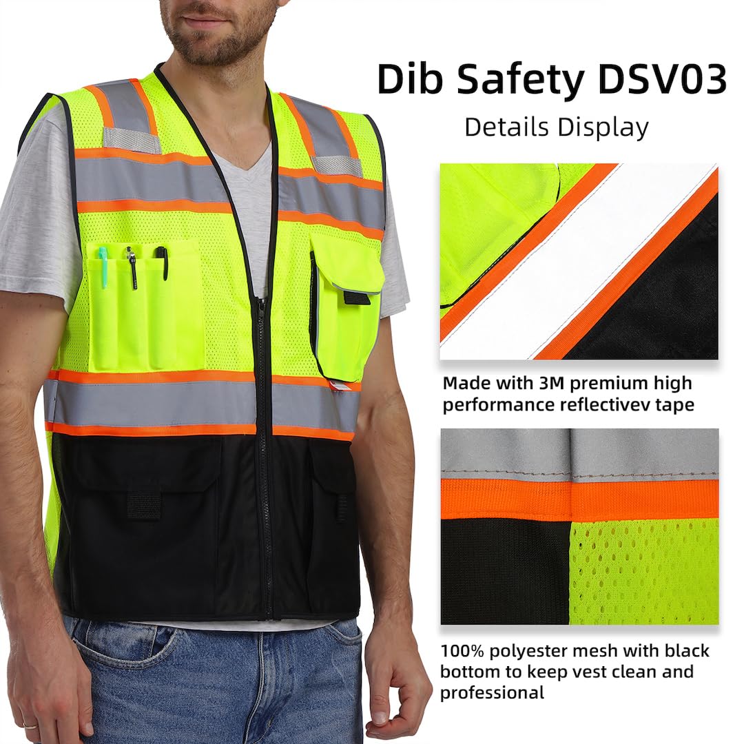 Dib Safety Chaleco de malla reflectante con bolsillos y cremallera, fabricado con cinta reflectante 3M, amarillo y negro
