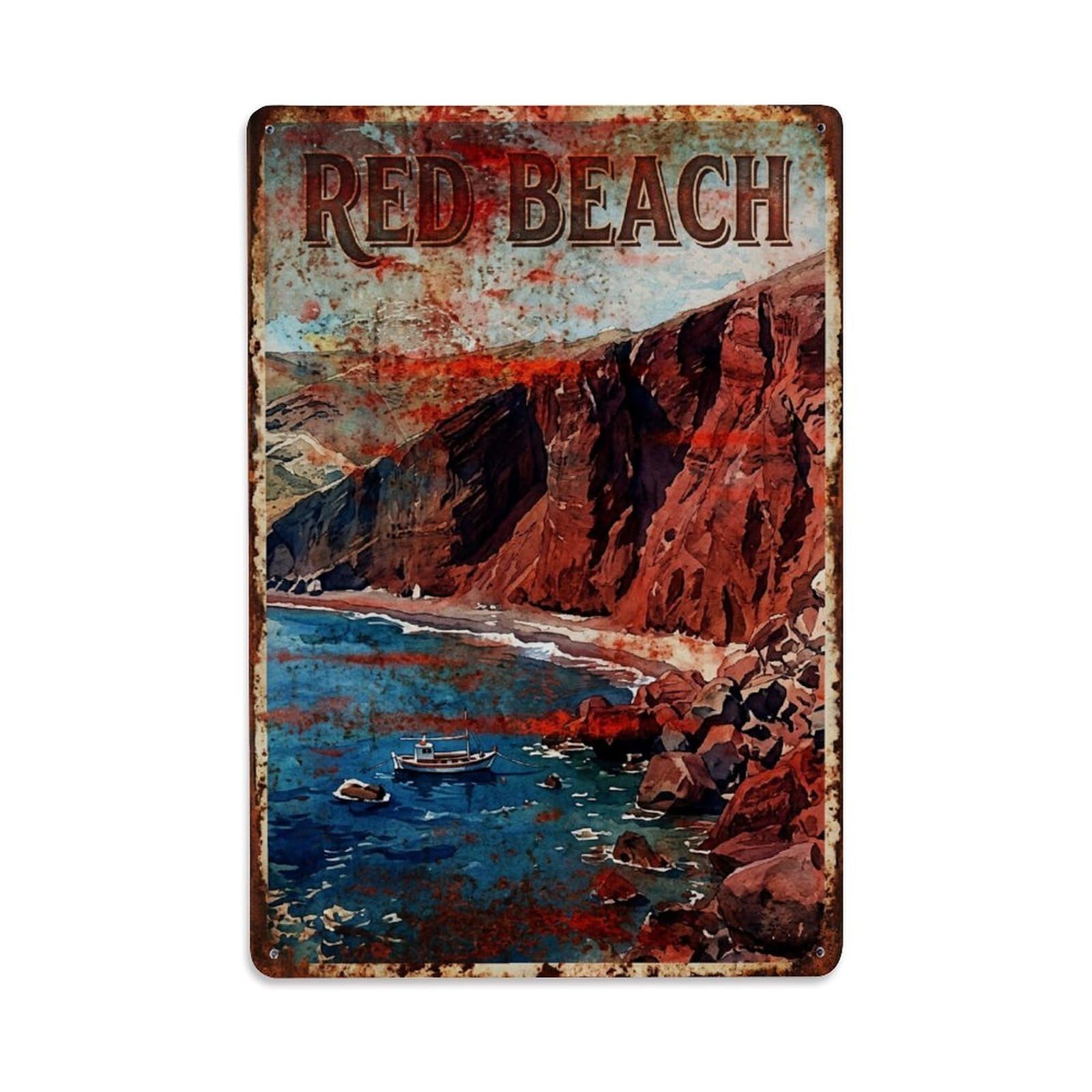 Fyrn Style Metal Tin Sign Vintage Travel Red Beach Greece Volcanic
