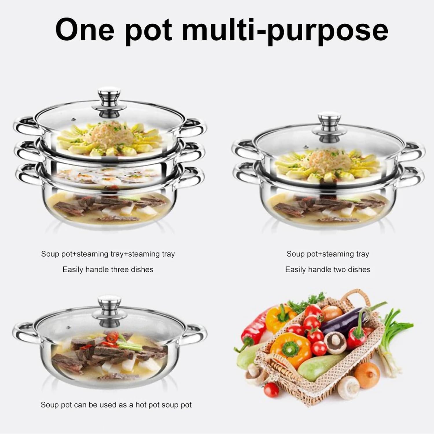 3 Tier Steamer Pot, Stainless Steel Food Steamer, Pot Diameter: 28cm+ Visible Lid + Stainless Steel Steaming Sheets, for Gas Stove, Induction Cooker, Electric Stove,Metallic