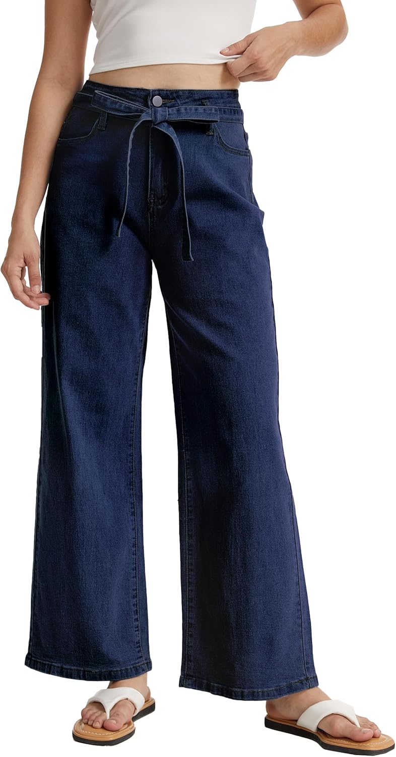 Demoking Wide Leg Jeans for Women Hight Waist Baggy Straight Leg Denim Pants Stretchy Trendy with Belt