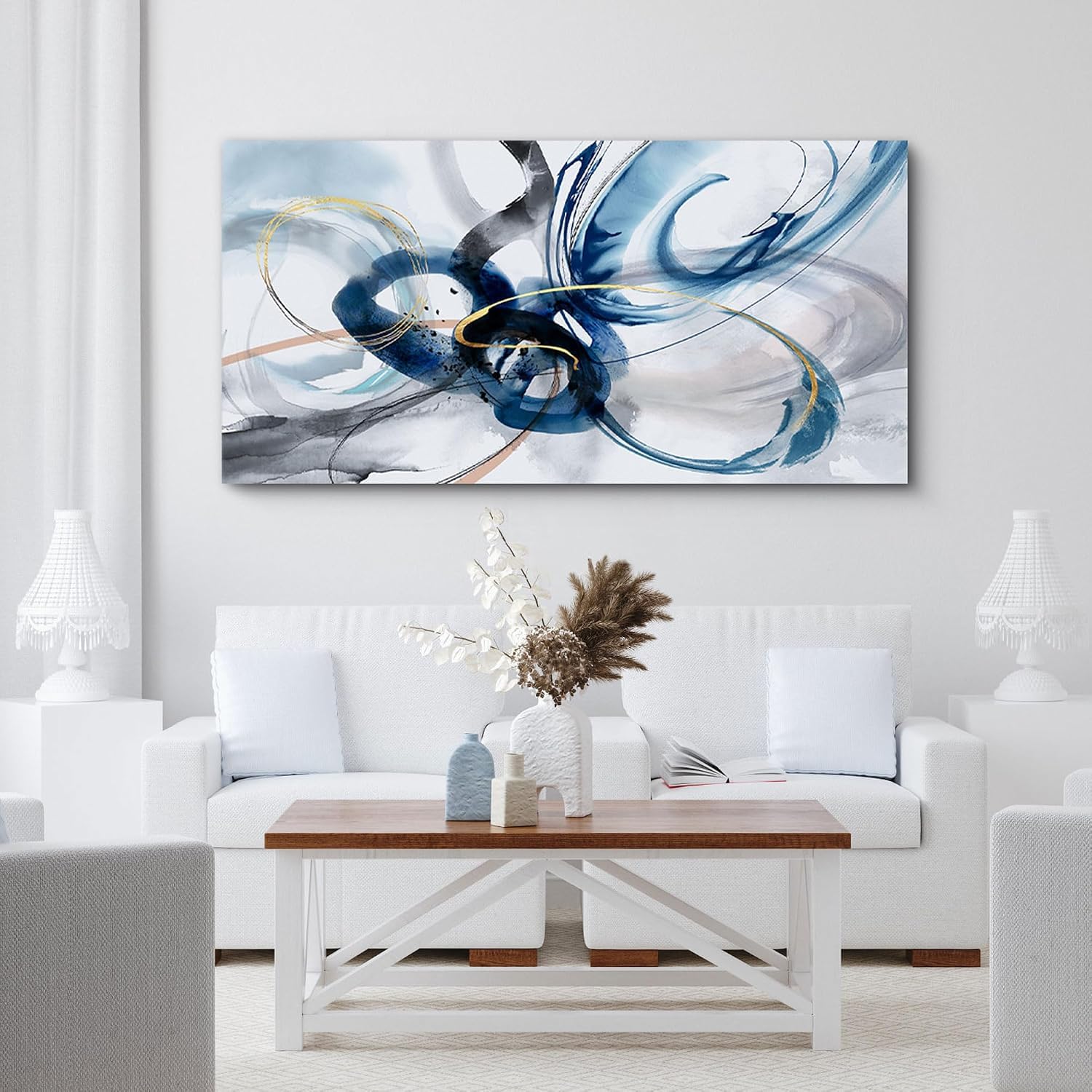 Arte abstracto para pared - Cuadros azules y blancos para decoración de pared, lienzo para sala de estar, decoración moderna para el hogar, estética para dormitorio (65 x 130 cm / Marco interior)