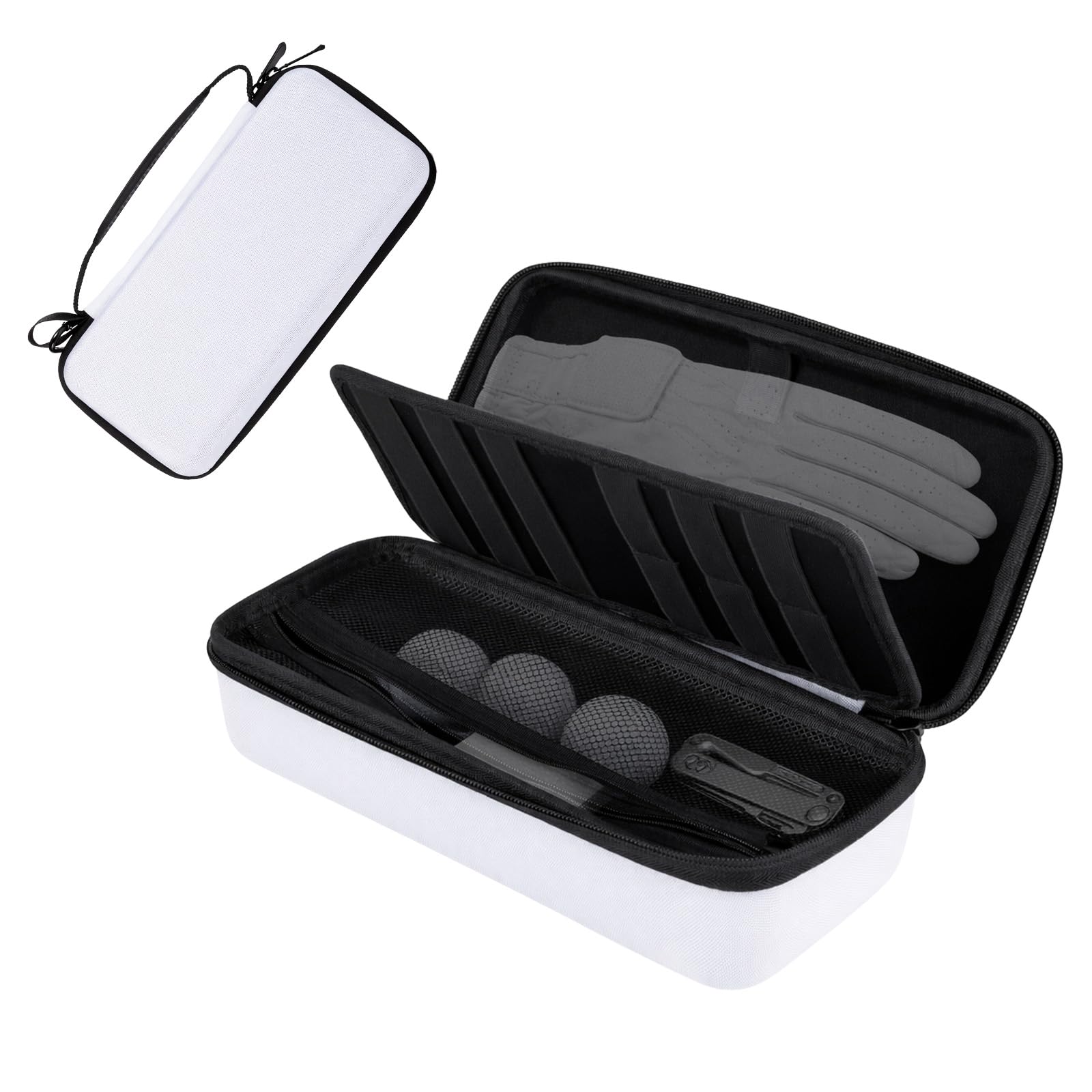 LN Cozy CORNE Golf Ball Storage Box, Portable Golf Accessories Organizer with Carabiner, Large Capacity 21-Ball Holder & Valuables Pouch for Glove, Tees, Markers (White)