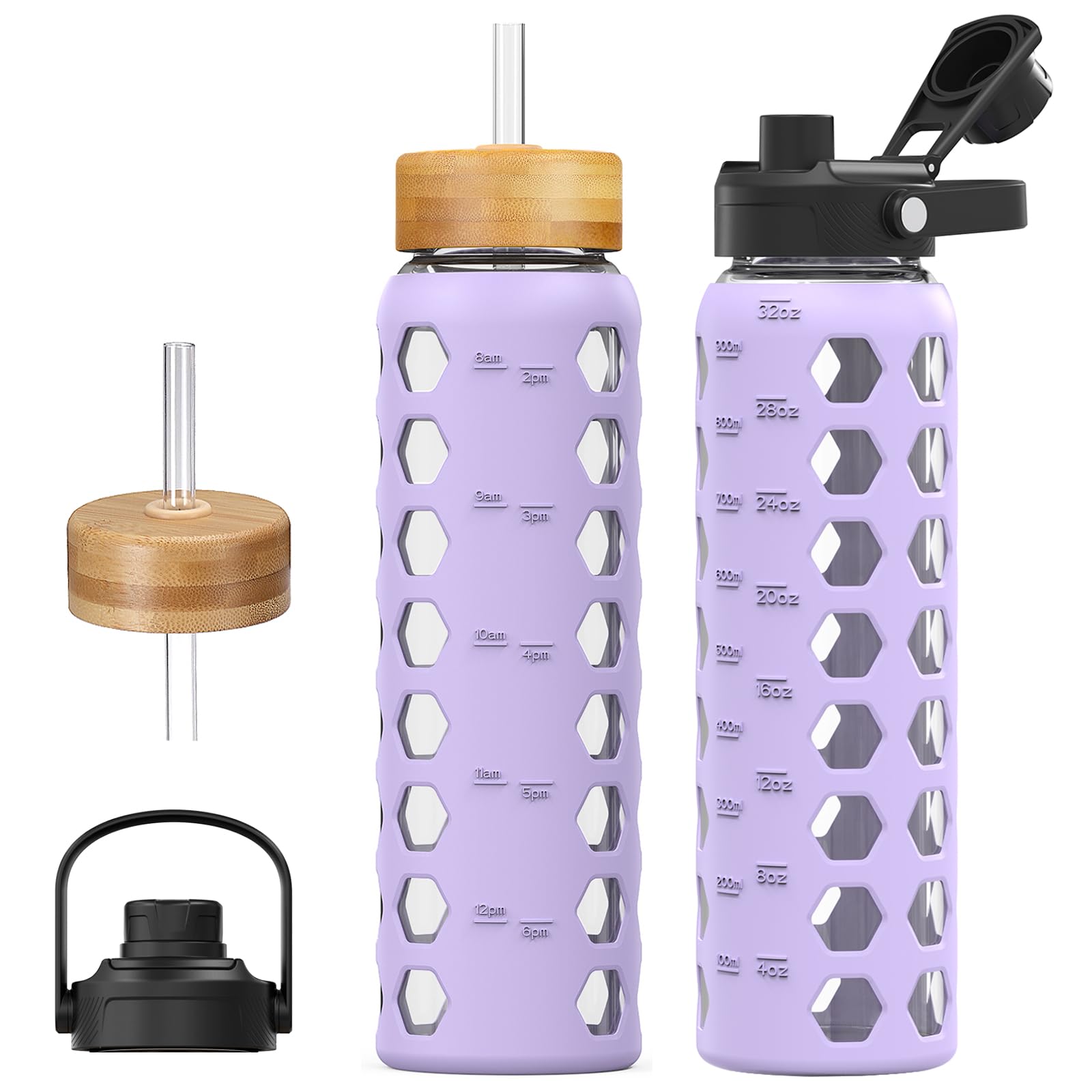 MUKOKO Glass Water Bottles, 32oz Glass Tumbler with Straw, Drinking Bottles with 2 Lids-Handle Spout Lid&Bamboo Straw Lid, Motivational Water Bottle