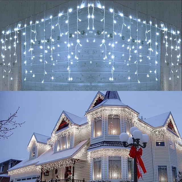 Joomer Icicle Outdoor Christmas Lights, 300 LED 29.6Ft 8 Modes with 60 Drops Curtain Fairy Lights Plug in, Connectable Waterproof Outdoor String Lights for Xmas Window Eaves Patio Garden Wall (White)