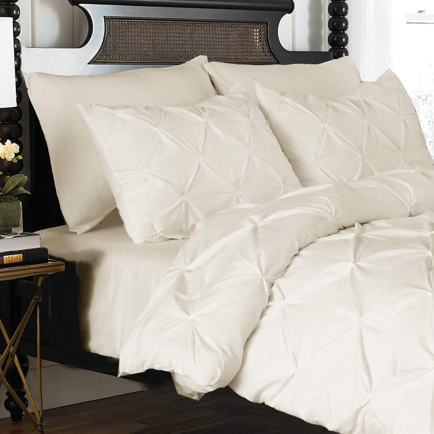 Elegant Comfort 3 Piece Pinch-Pleated Button Closure, Wrinkle-Resistant Ultra-Soft Microfiber Duvet Cover Set, Luxurious Pintuck Décor, Full/Queen, Natural Cream