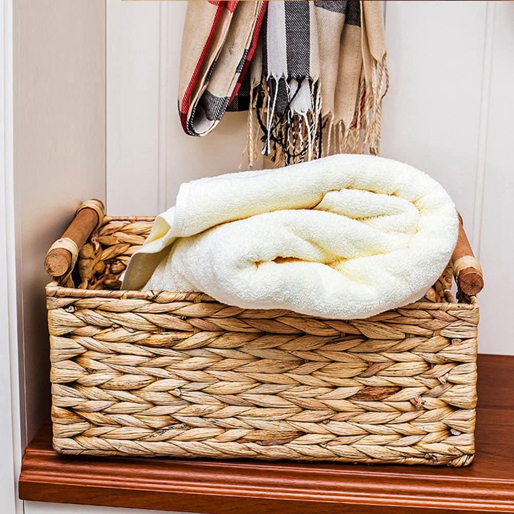 3X Cesta de Mimbre Rectangular con Asas de Madera para Estantes, Cesta de Almacenamiento de Jacinto de Agua, Cestas Naturales para Organizar B