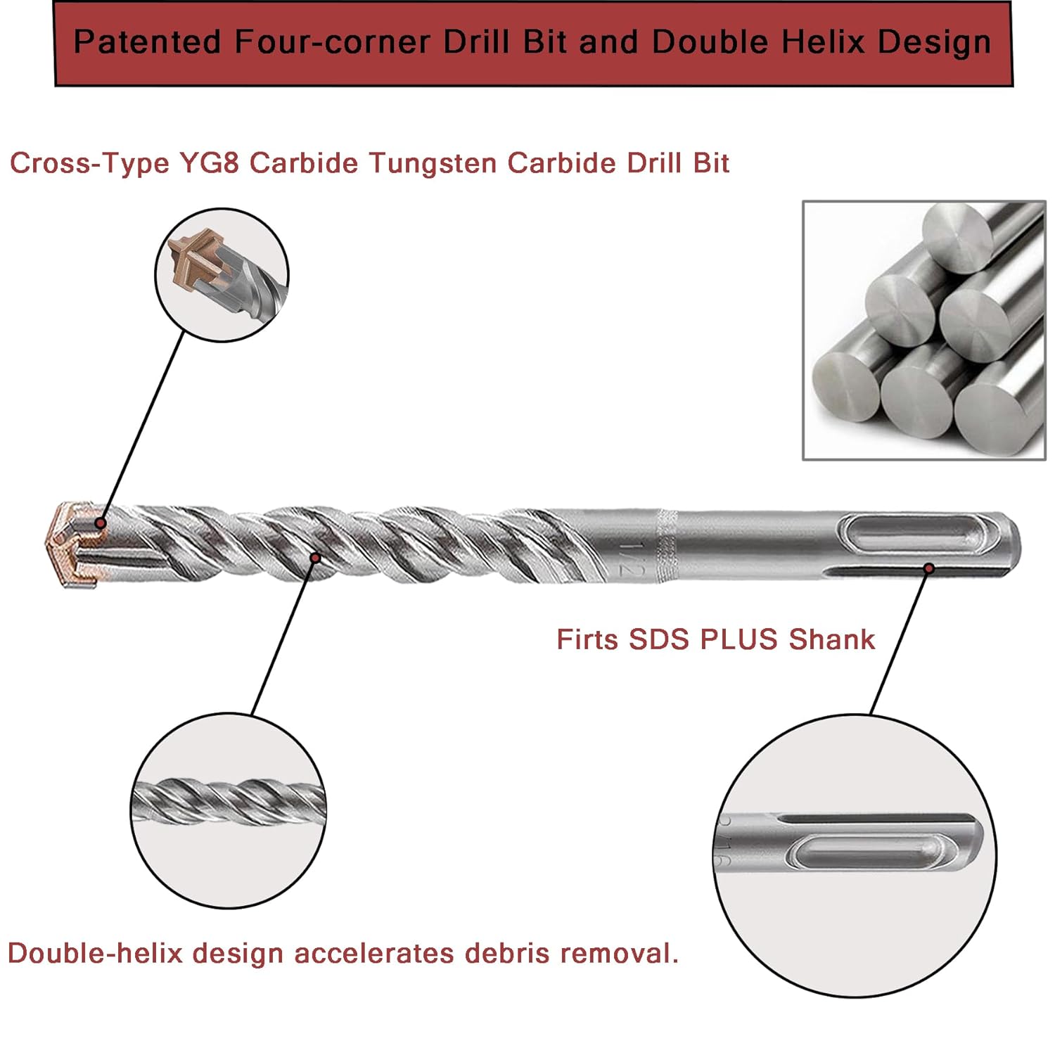 10 Piece 6'' SDS Plus Rotary Hammer Drill Bit Assorted Size Ket, Cross-Type Double Thread Carbide Concrete Drill Bit for Stone, Brick, Masonry, Cement Walls