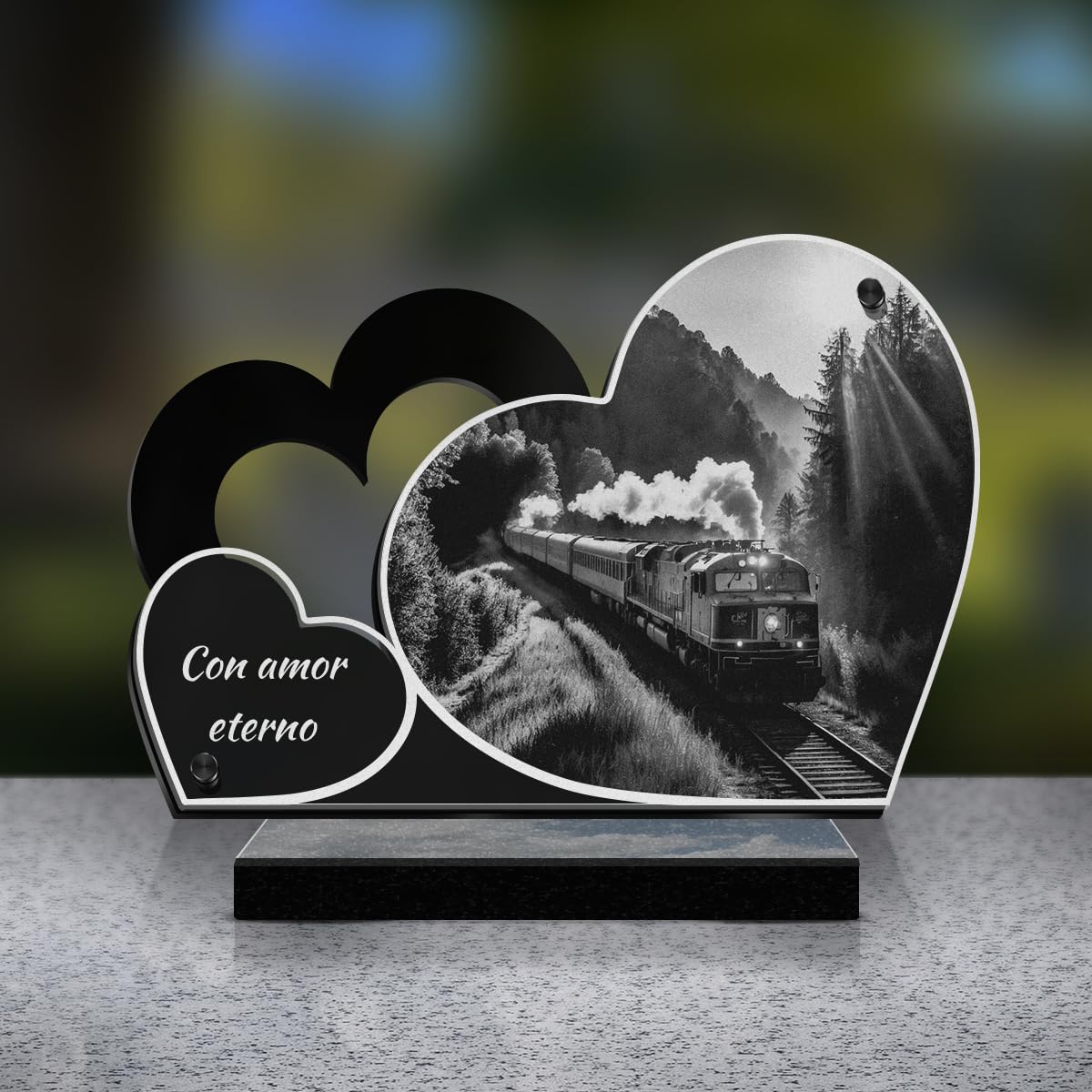 Eternel - Placa Funeraria Personalizada Doble Corazón - Tren, Locomotora - Texto Personalizable, Placa Funeraria Grabada con Láser para Homenaje, Placa Cementerio, Tumba, Sepultura, Luto
