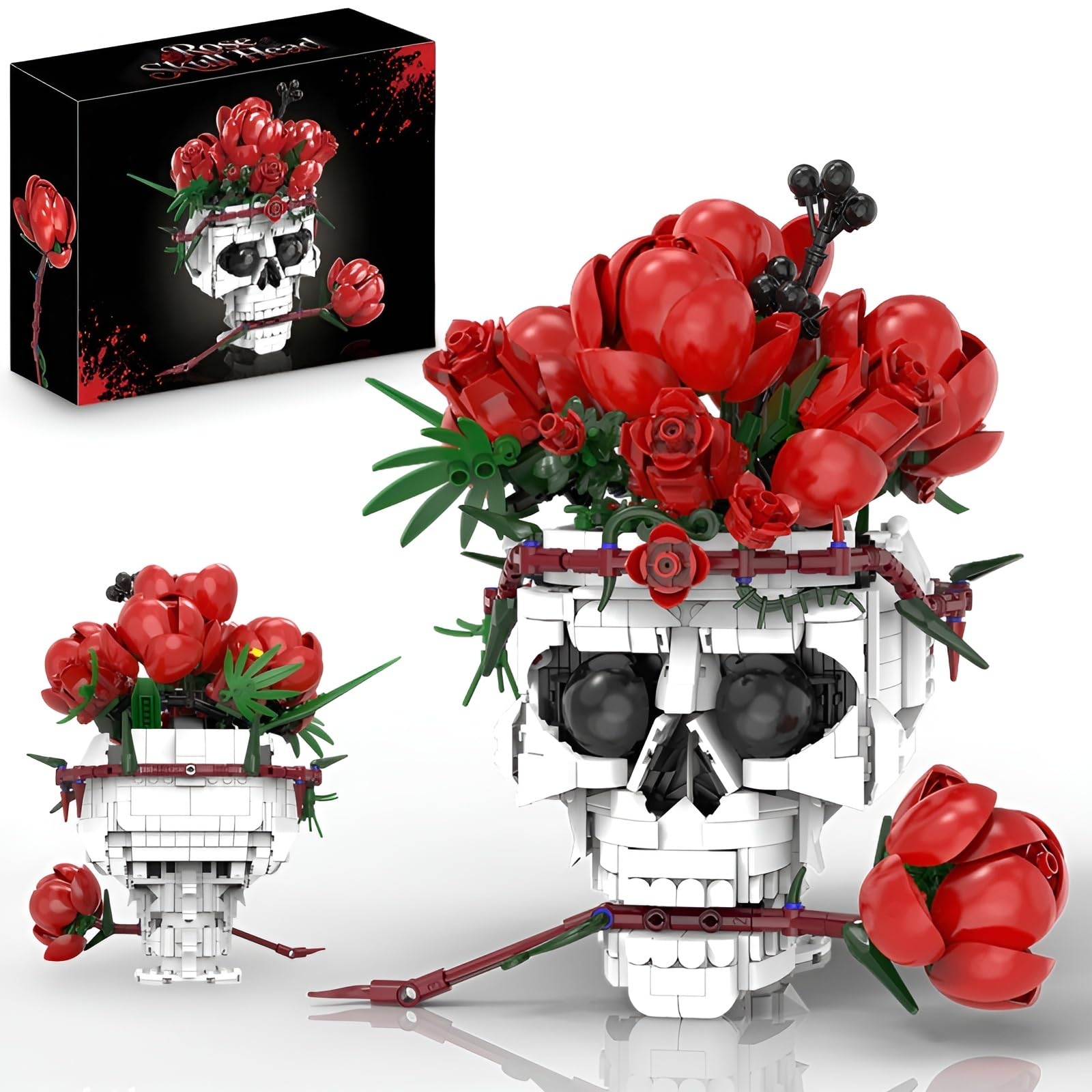 Skull Rose Building Blocks Set, 1065 PCS Skeleton Flower Building Kit, Creative Gothic Horror Skull Flower Bricks Model Toy, Gifts for Adult and Teens