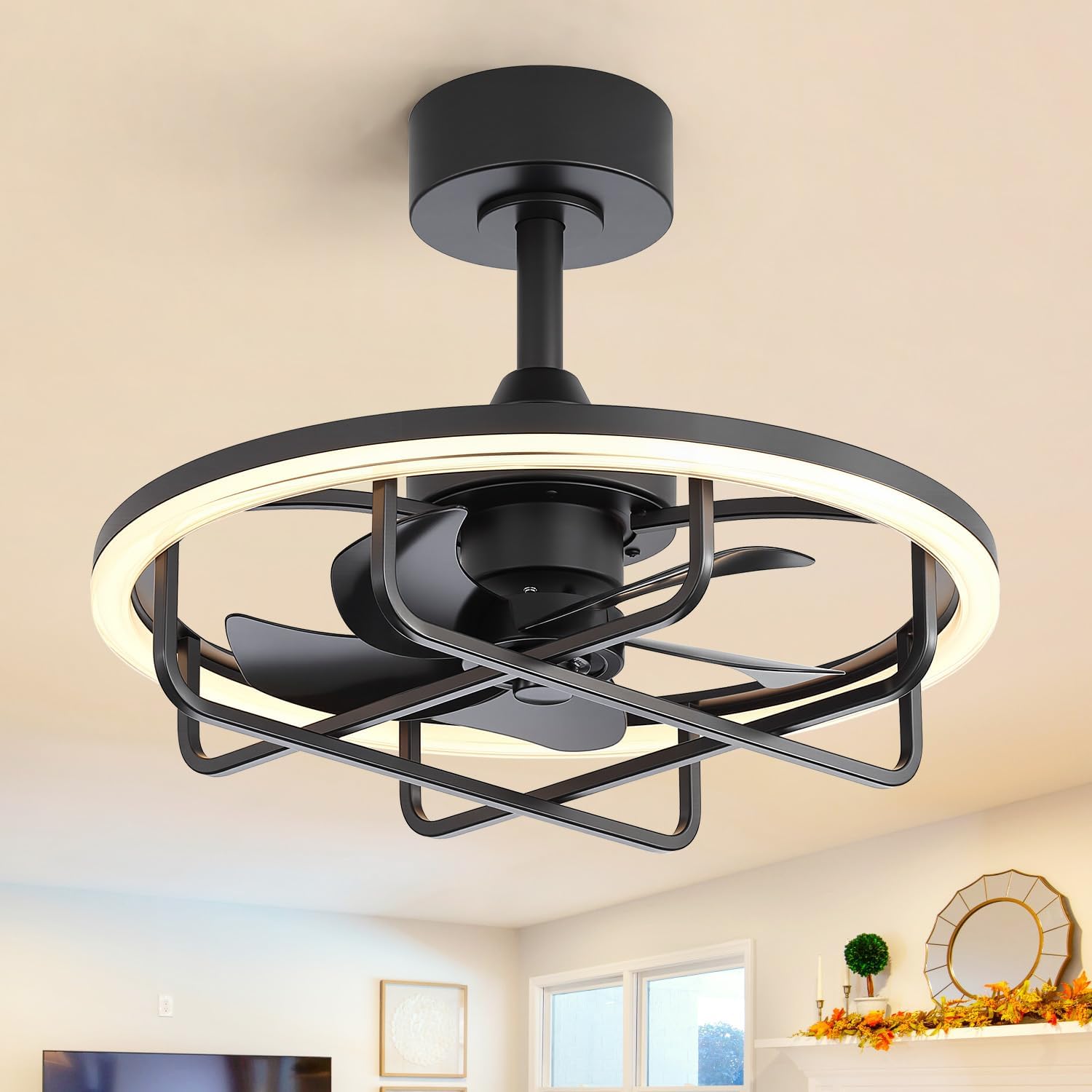 20-Inch Caged Ceiling Fans with Lights and Remote, Modern Low Profile Ceiling Fan with 3CCT Dimmable LED, Reversible DC Motor, 2 Downrods, Enclosed Fandelier for Bedroom (Black)