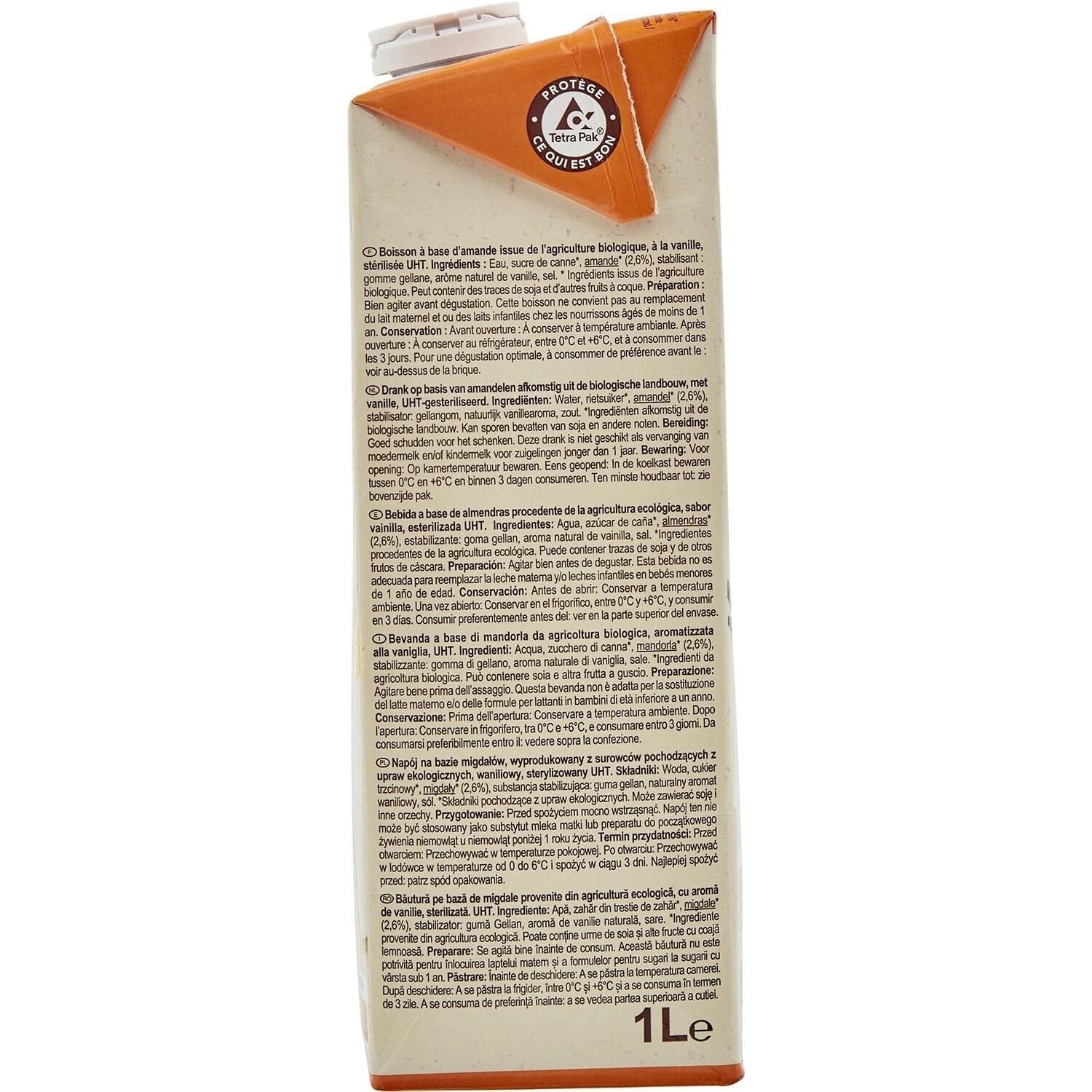 Savourez une boisson végétale onctueuse au bon goût d'amande vanille avec CARREFOUR BIO, format 1L pratique et certifié vegan - Lot de 4
