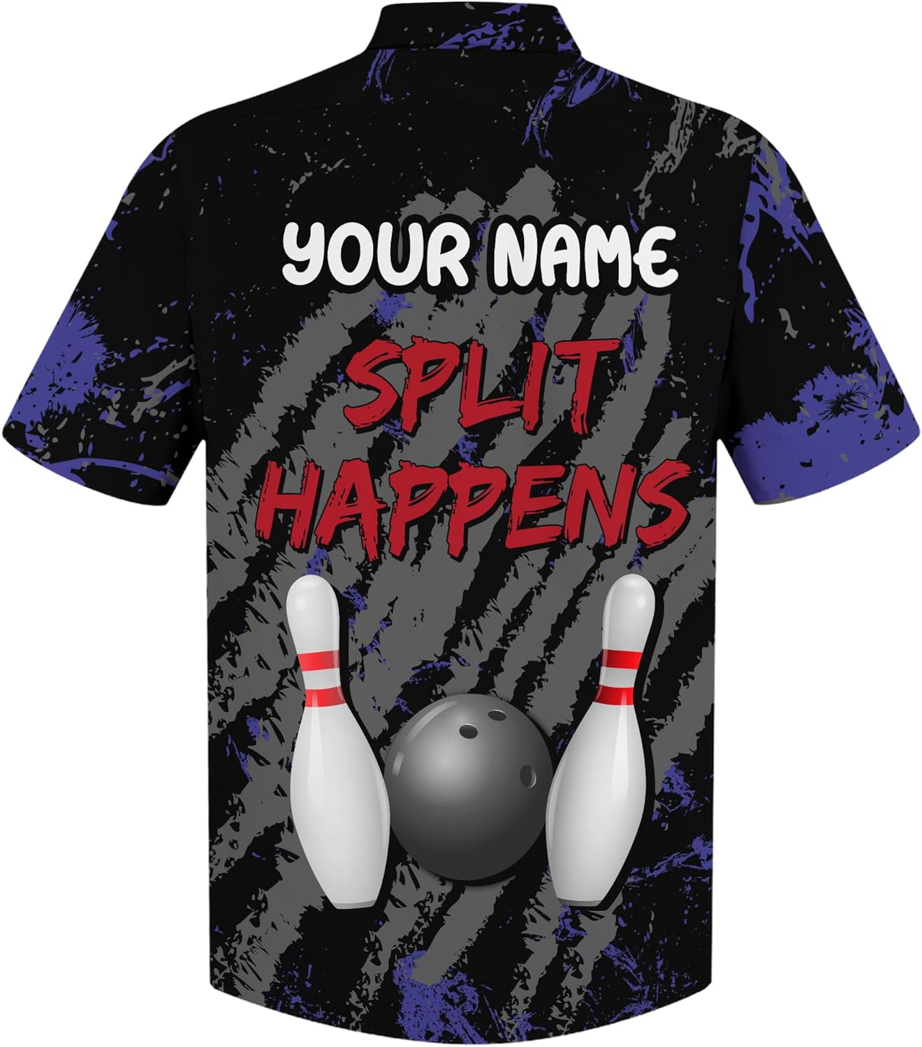 Customize Bowling Hawaii Shirt Print Split Happens Button Shirt with Dark Purple Bowling Theme Graphic On it for Bowling Team