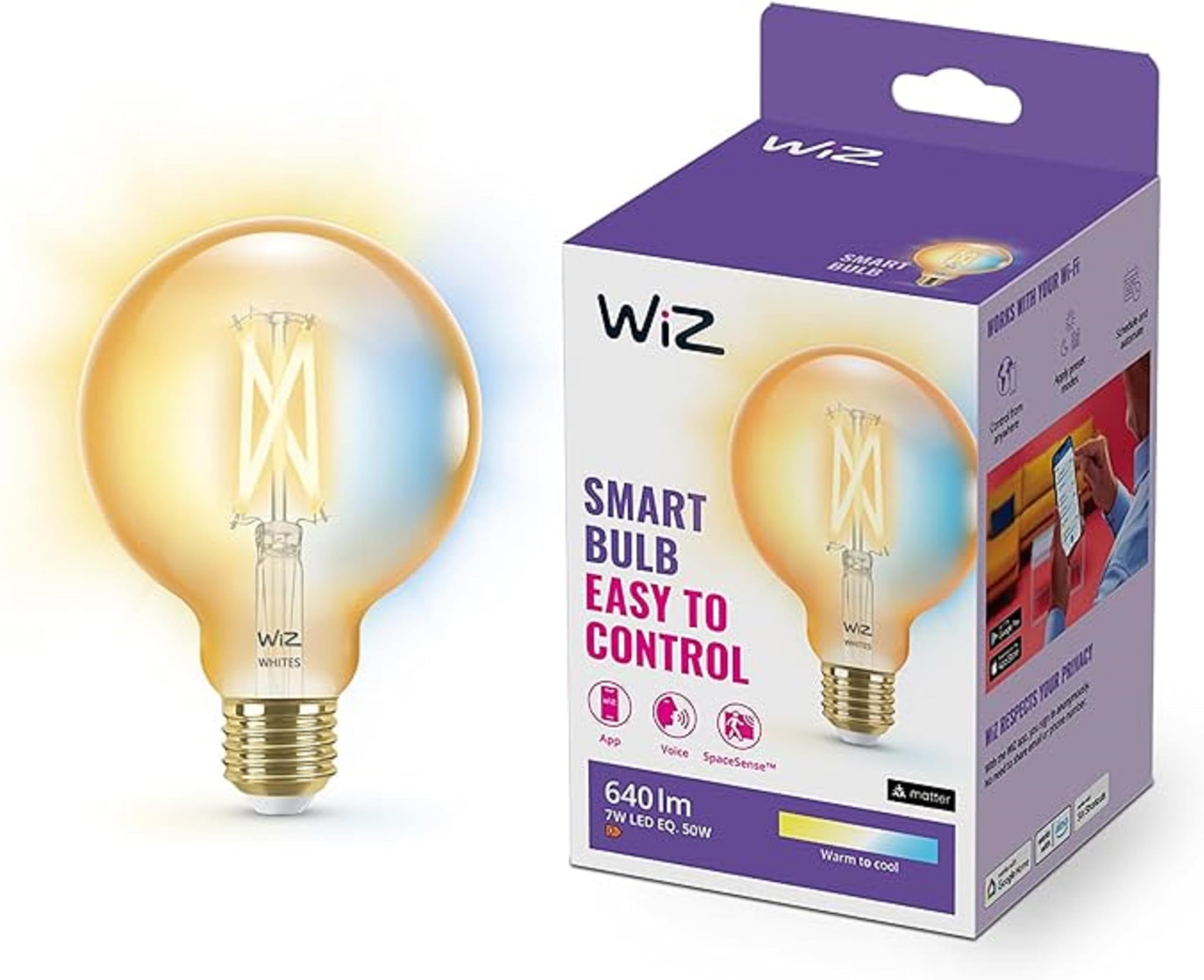 WiZ Smart Globe, E27, 50W, Filament Amber, Smart LED Connected WiFi Works with Alexa, Google Assistant & HomeKit, App Control for Home Indoor Lighting, Livingroom, Bedroom, Energy Monitoring