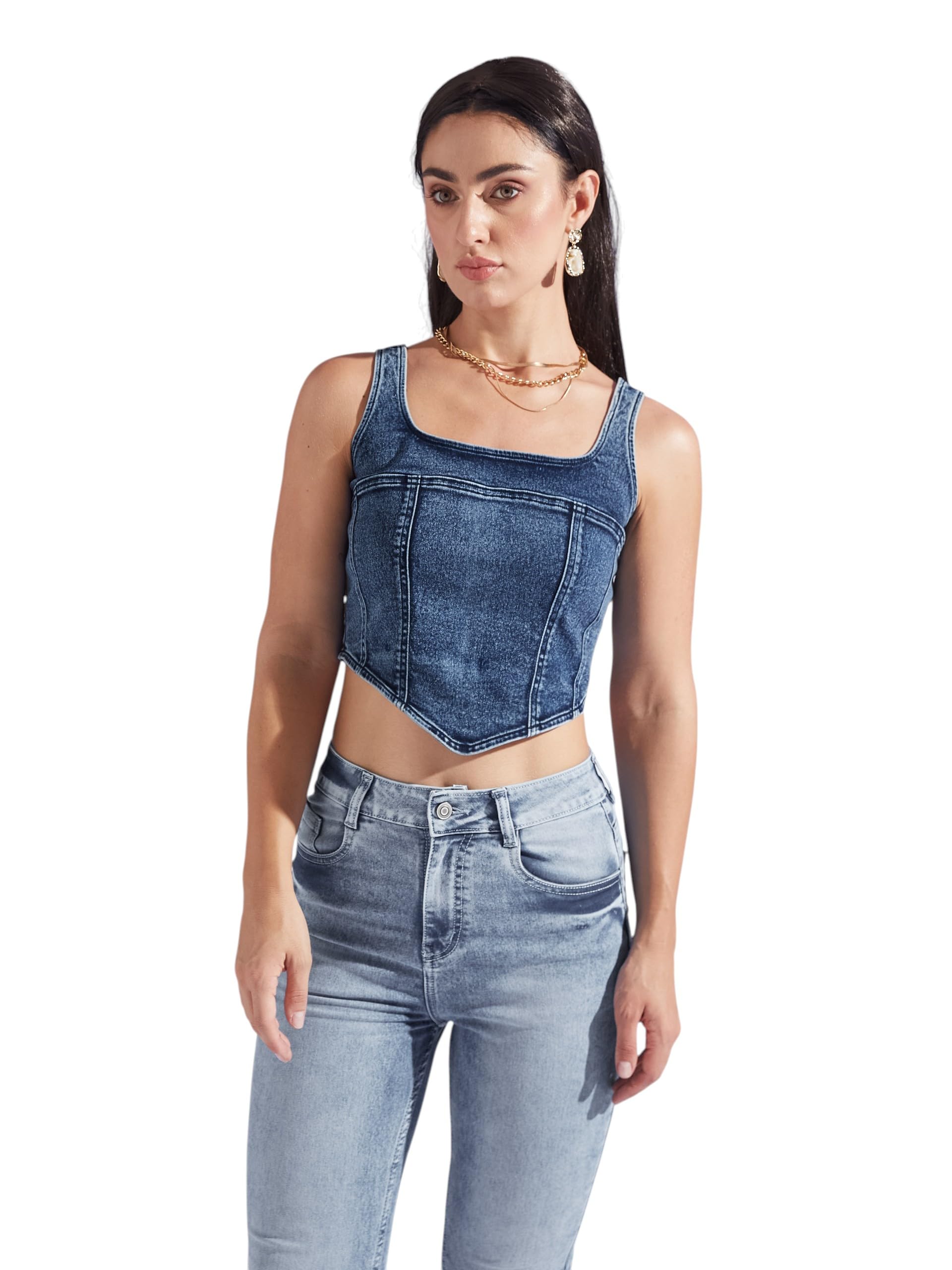 miss chase Womens Square Neck Sleeveless Zipper Corset Denim Crop Top-picture-23