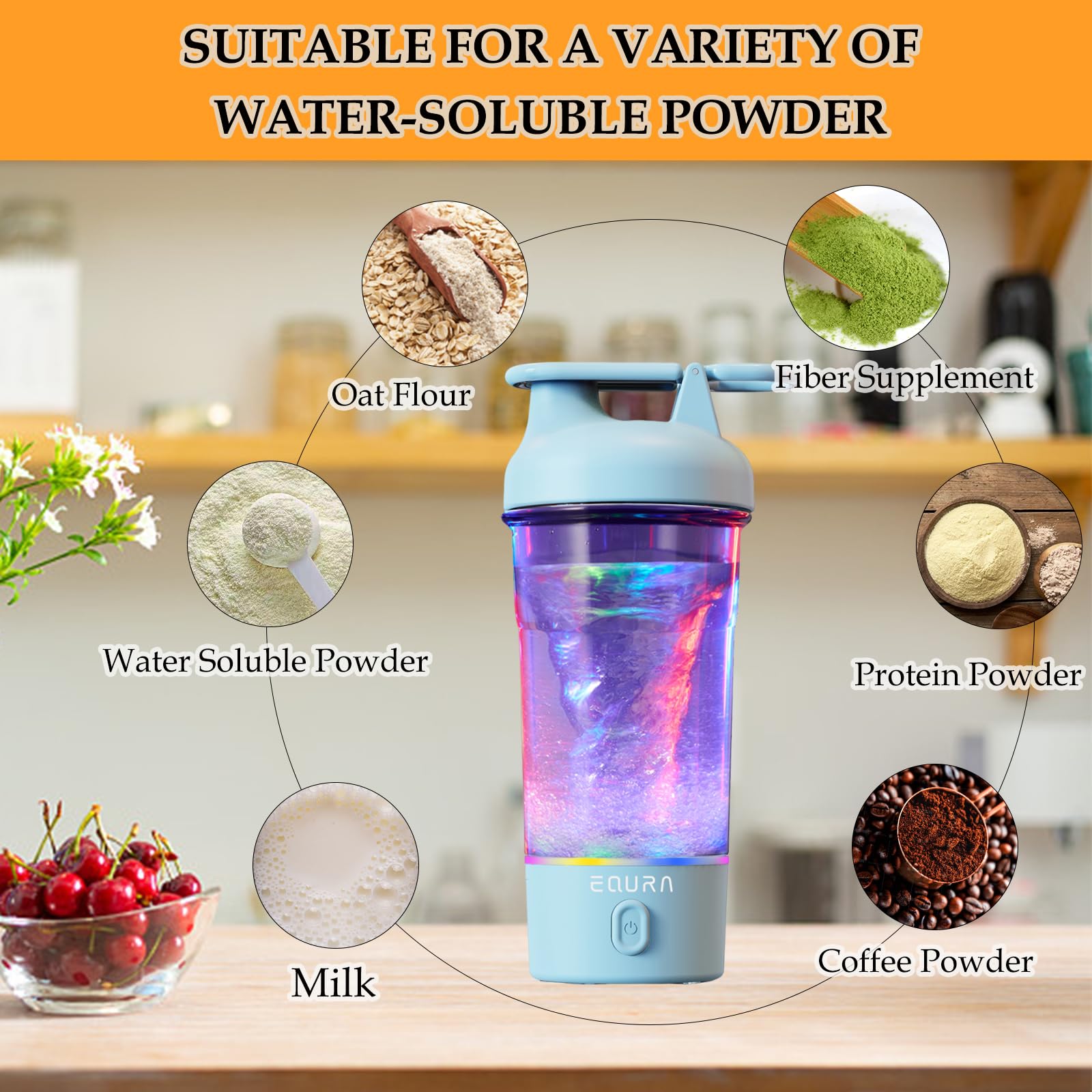 Bottiglia shaker elettrica, 750 ml, per miscele di proteine, portatile, ricaricabile tramite USB C, senza BPA, base leggera colorata (blu)