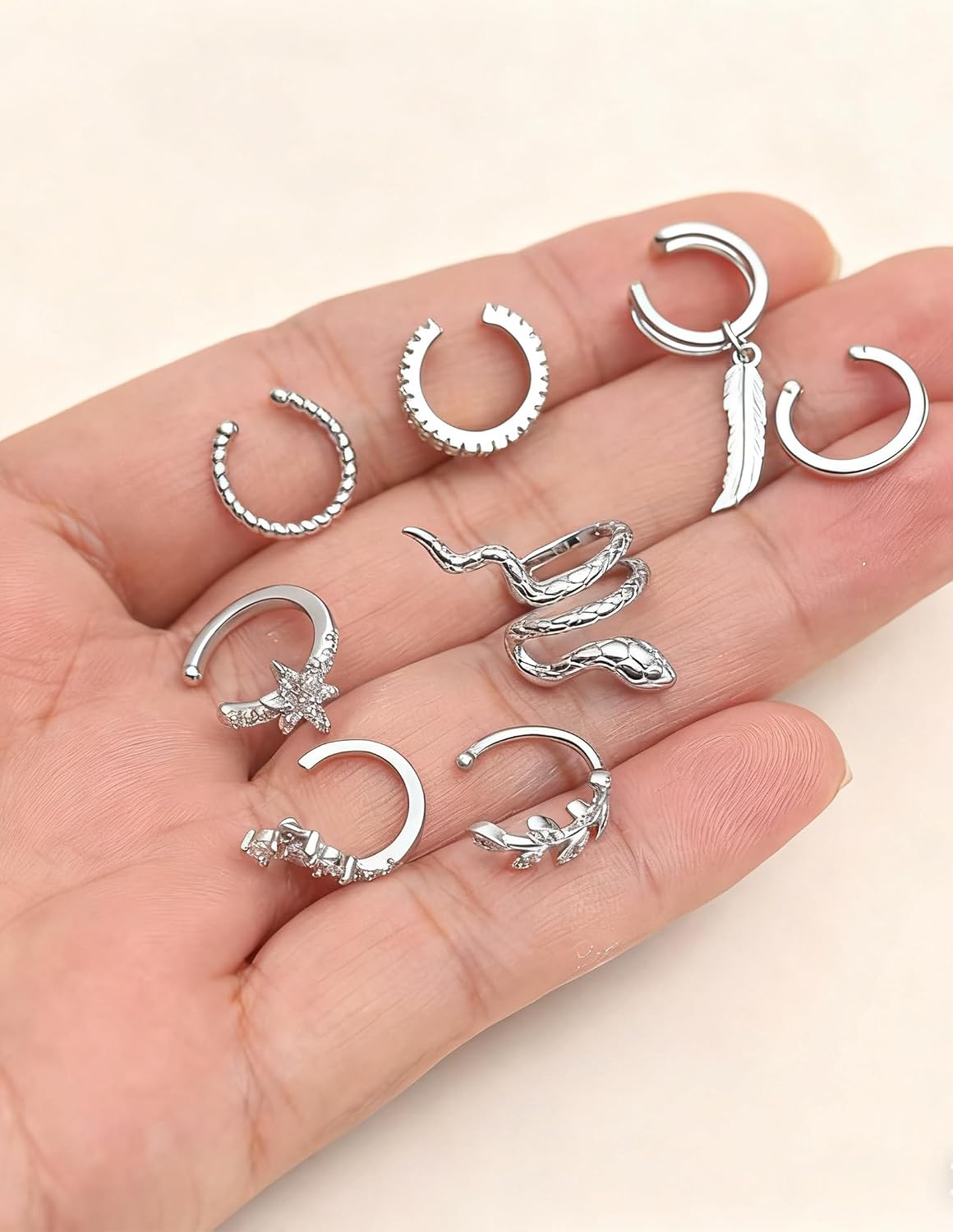 16 Pcs Ear Cuff Earrings for Women Non Piercing Gold Silver Plated Ear Cuffs Non Pierced Snake Leaf CZ Star Feather Waterdrop Chain Ears Cuff Wrap Earring Clip on Cartilage Helix Fake Earrings Lightweight Adjustable