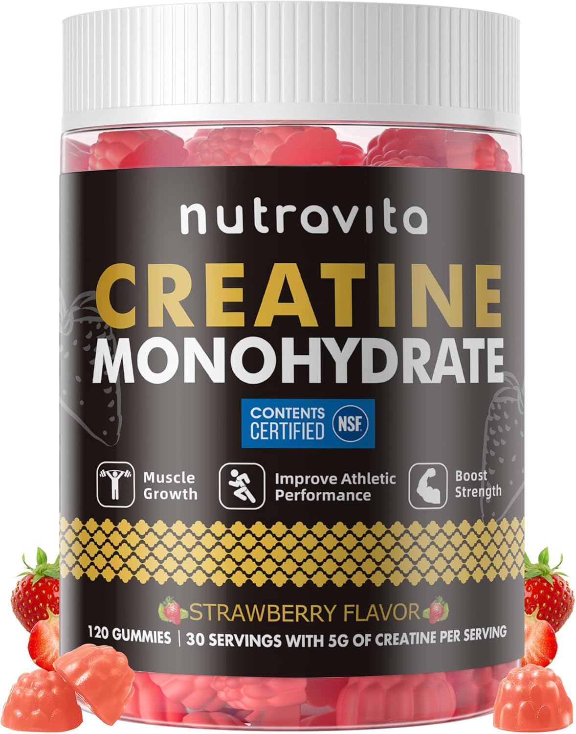 Nutravita NSF Certified Creatine Gummy - Creatine Monohydrate Gummies for Men & Women-5g of Creatine Monohydrate per Serving - Sugar Free,Vegan, Strawberry Flavor, 120 Count