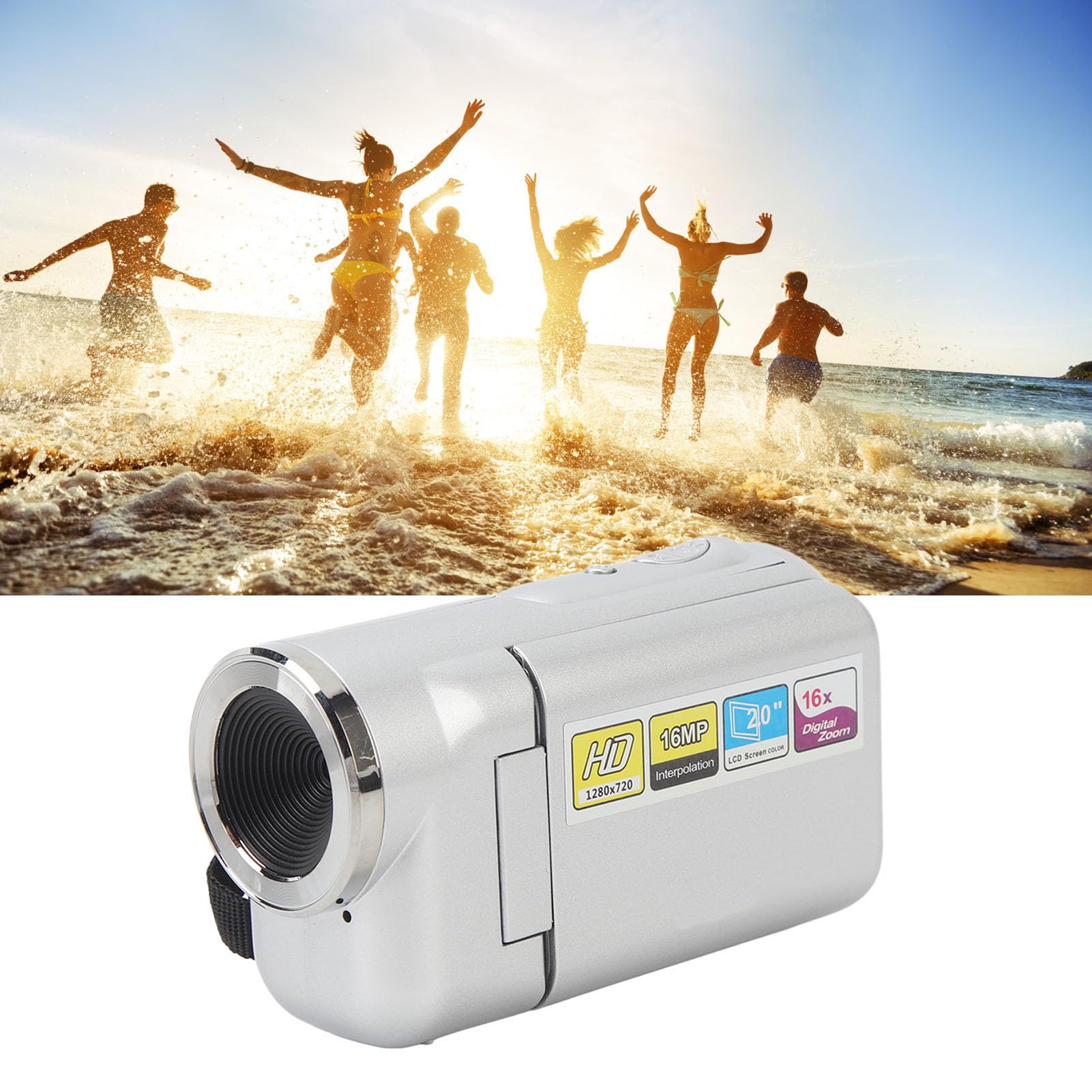 Videokamera Camcorder, 1080P HD 16 MP Kamera mit 2,0 Zoll Farb TFT Bildschirm, 16 fach Digitaler Zoom Vlogging Kamera für YouTube Partyreisen, Camcorder für Anfänger (SILVER)