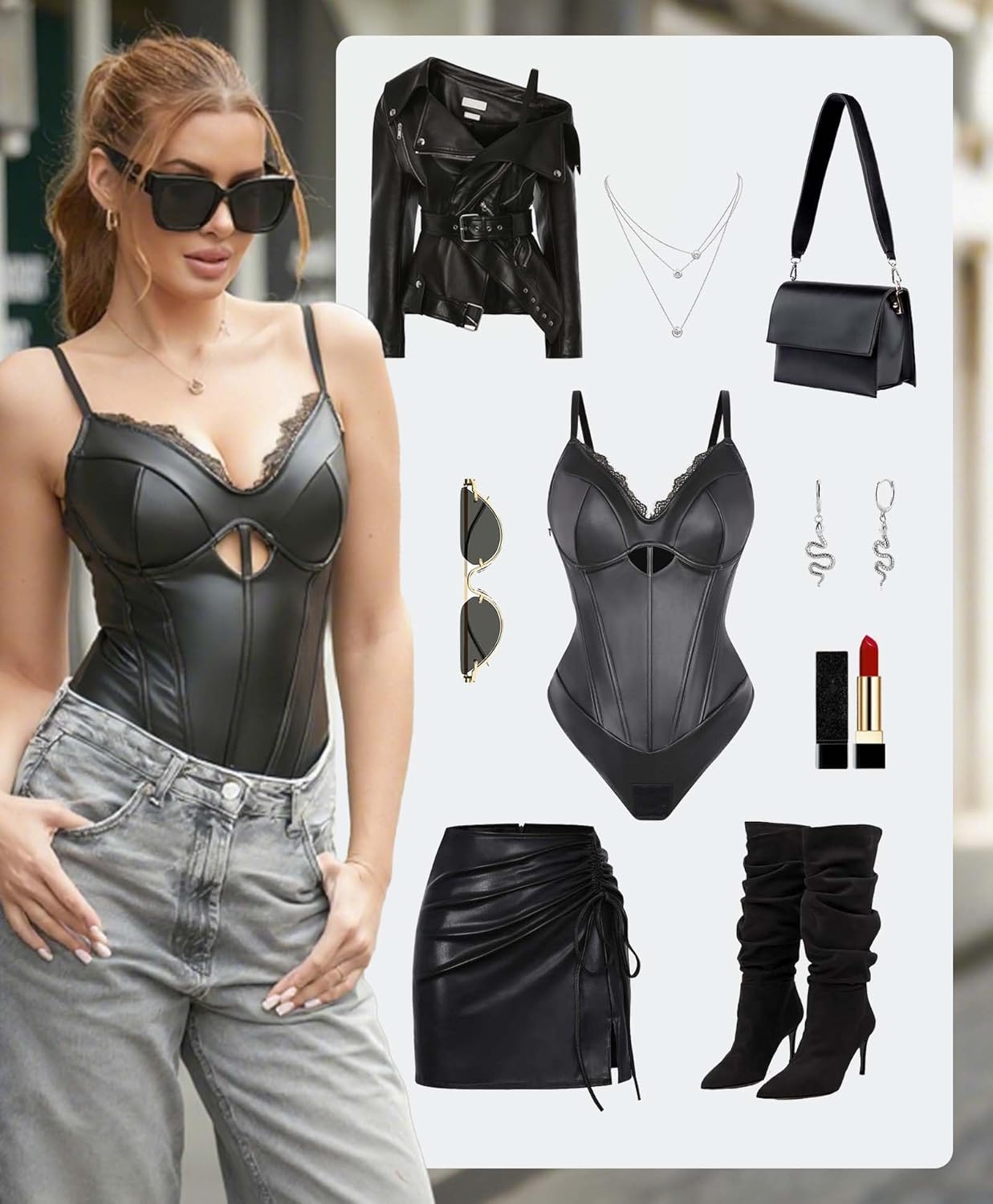 Popilush Body Suits for Womens Faux Leather Lace V Neck Shapewear Tummy Control Sleeveless Thong Corset Bodysuits - Image 5