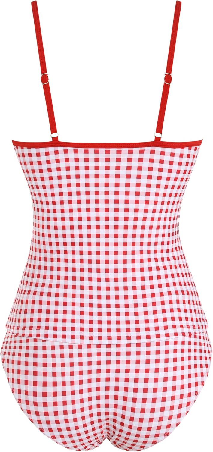 ZAFUL Two Piece Womens Tankini Swimsuits V Neck Color Blocked Plaid Tummy Control Swimsuit with Wigh Waist Briefs Swimwear