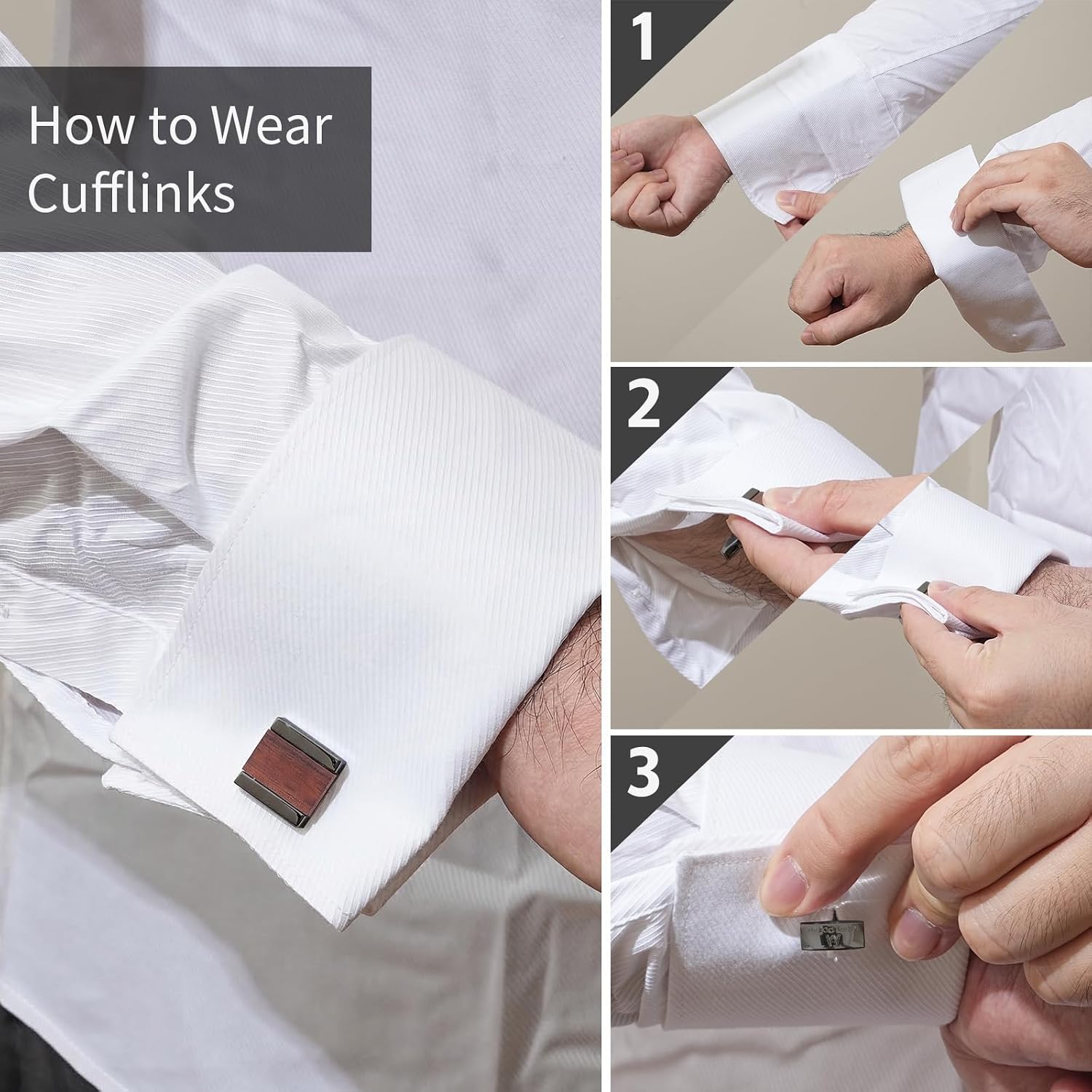 Cuff Links Mens Cufflinks Wood Inlay - Rectangular Brass Cuff Links with Gunmetal Finish, 3-Layer Electroplating, Unique Wood Grain Shirt Accessories for Business Wedding Tuxedo, Durable & Anti-Fade Jewelry Gift