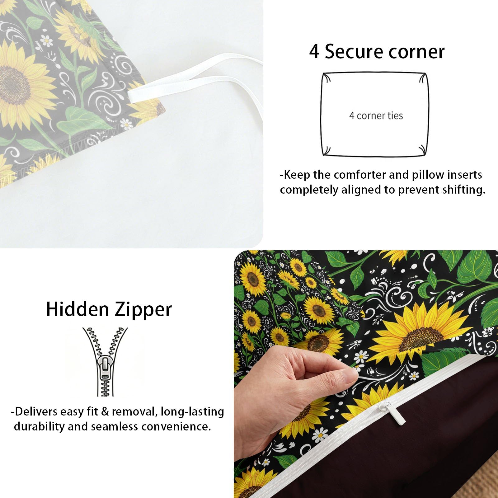Set copripiumino reversibile, motivo piante girasole foglie onde, morbido e facile da pulire, in microfibra, con stampa rustica, matrimoniale, confortevole, per ragazze, bambini e adulti, nero