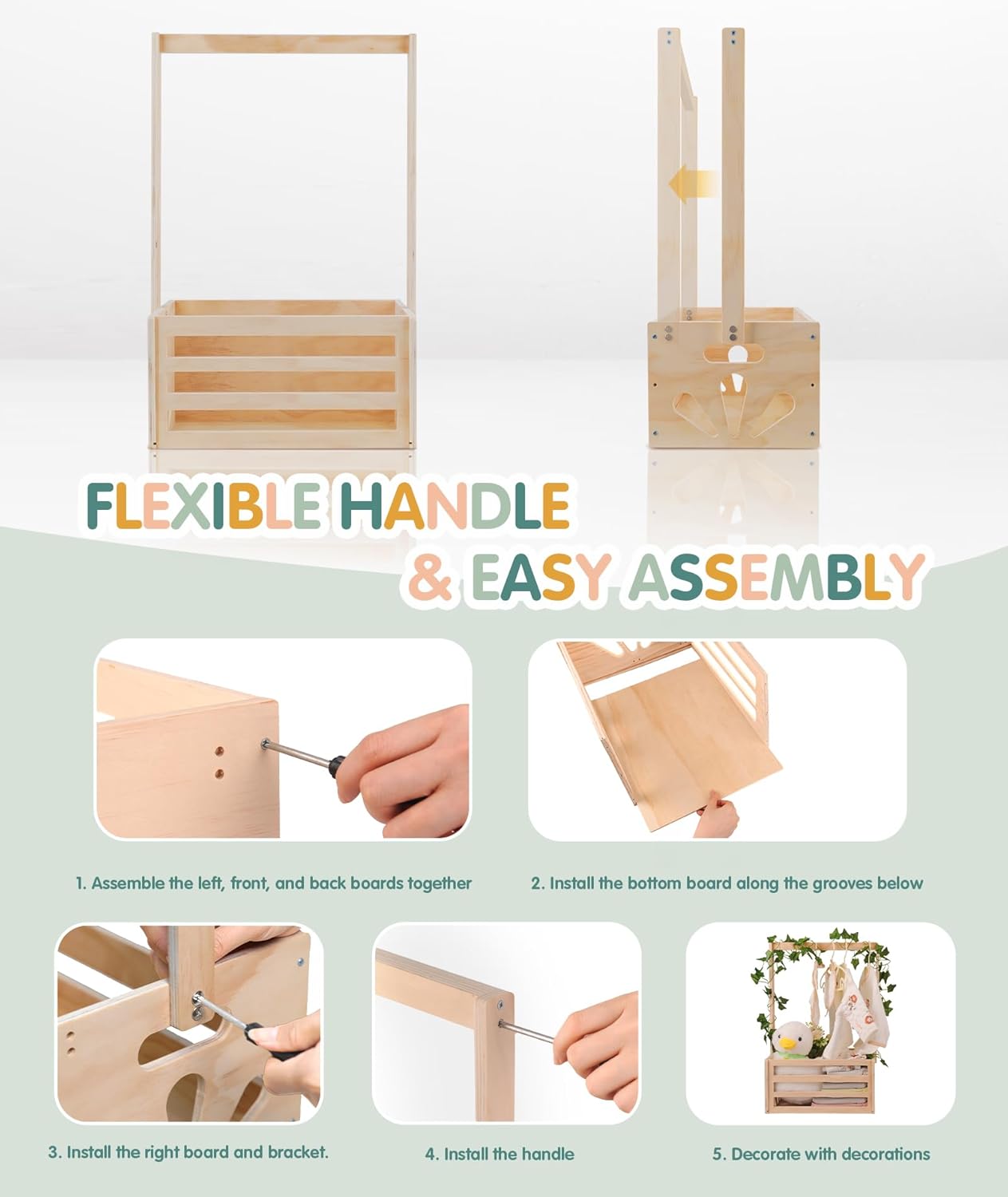 Wooden Baby Shower Crate Closet-Baby Shower Basket with Handle Hanger Rack String Lights Welcome Gift Basket Wooden Crate for Baby Shower Newborn Boys Girls Pregnancy Gifts for New Parents