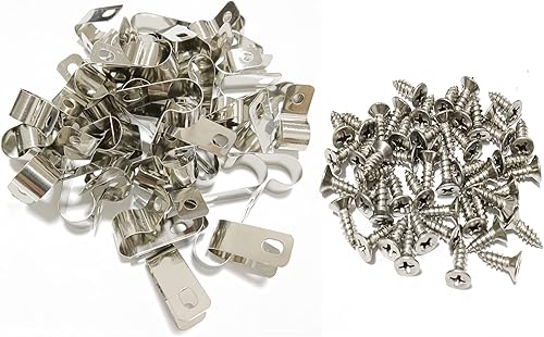 50 abrazaderas de alambre de acero inoxidable para cerca (calibre 12-16) con 50 tornillos inoxidables, clips de alambre de acero que montan alambre
