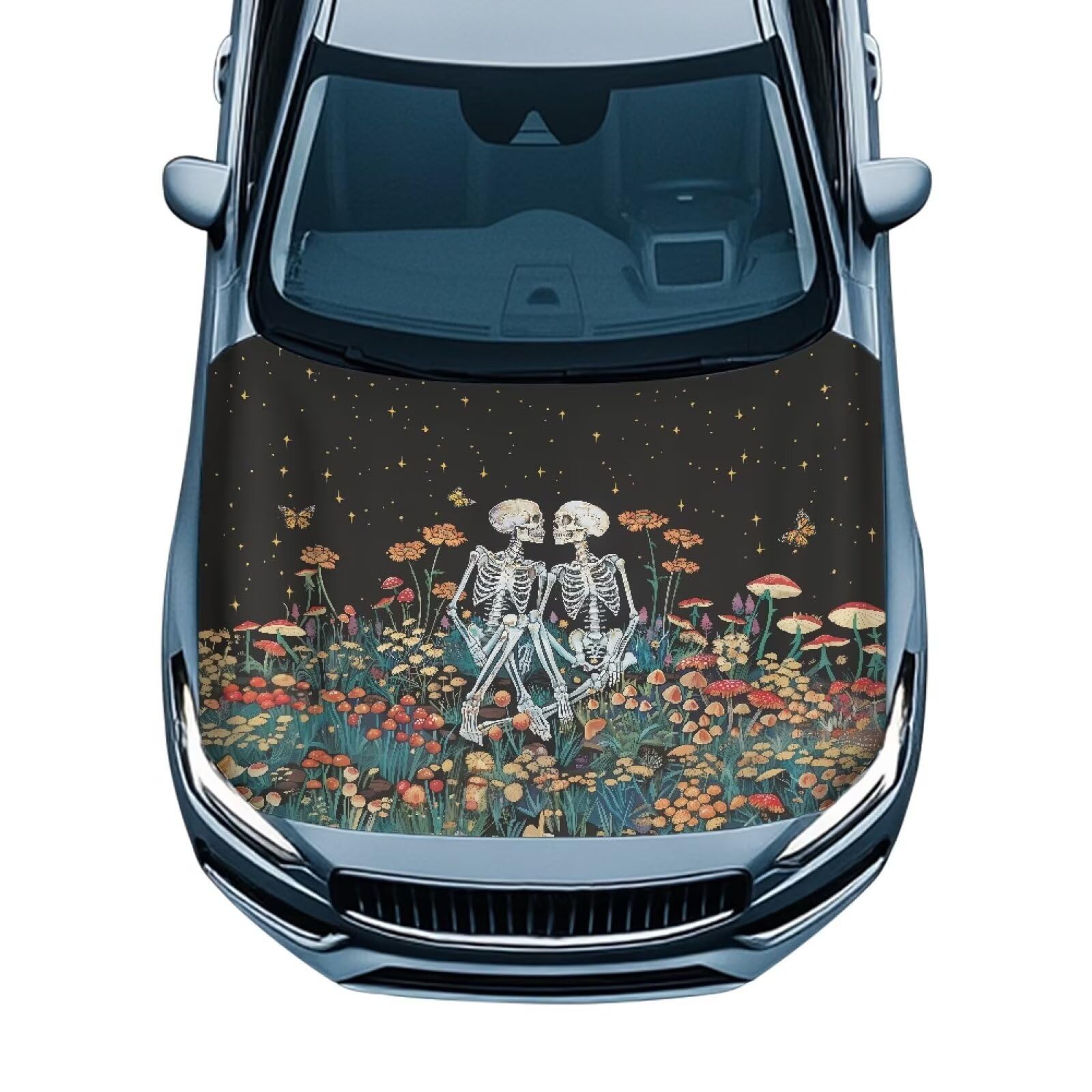 Waterproof Car Cover Polyester Elastic Fabrics Skeleton Floral Car Hood Cover Suitable for Auto Car Truck, Van, SUV, Pickup