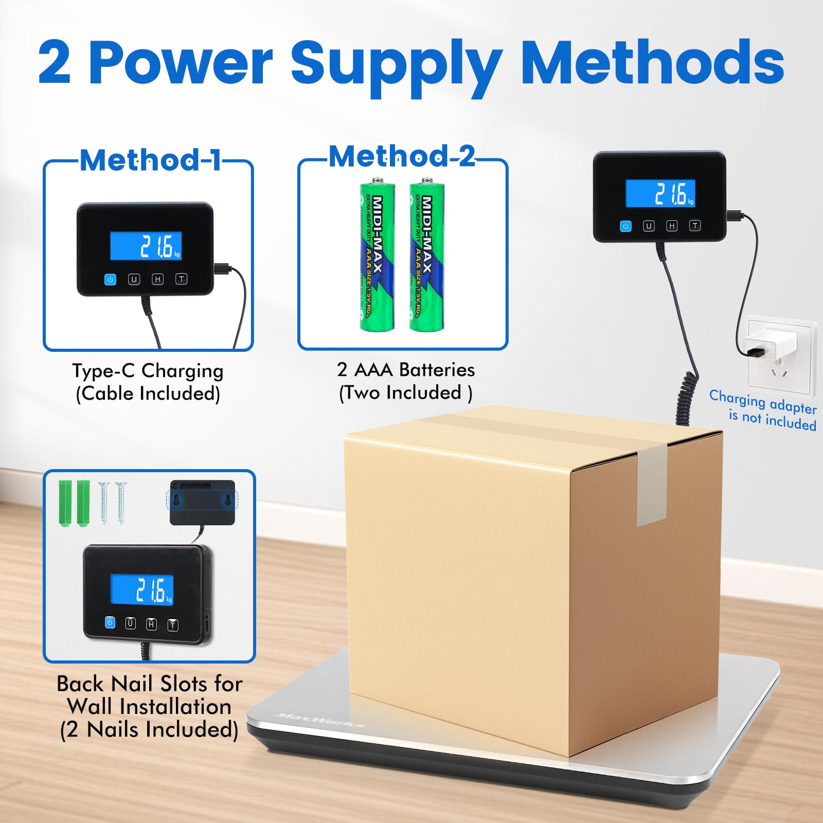 MaxWorks 51076 Báscula digital para equipaje, capacidad de 440 libras, doble alimentación (recargable USB-C o 2 pilas AAA), acero inoxidable y vidrio, portátil para viajes y negocios, plata (unidades