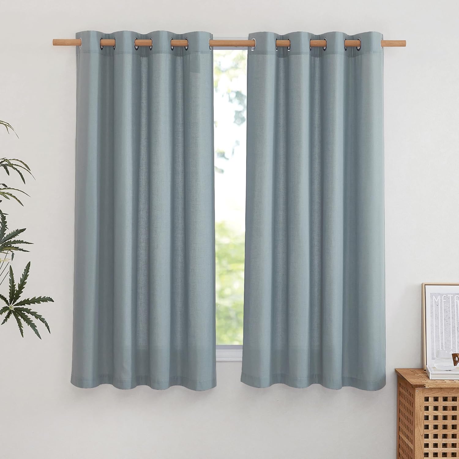 NICETOWN Linen Stone Blue Curtains 63 inch Length, Grommet Top Casual Semi Sheer Privacy Window Drapes with Light Penetration for Beach House/Bedroom, W55 x L63, 2 Panels Stone Blue 55"W x 63"L (Pack of 2)