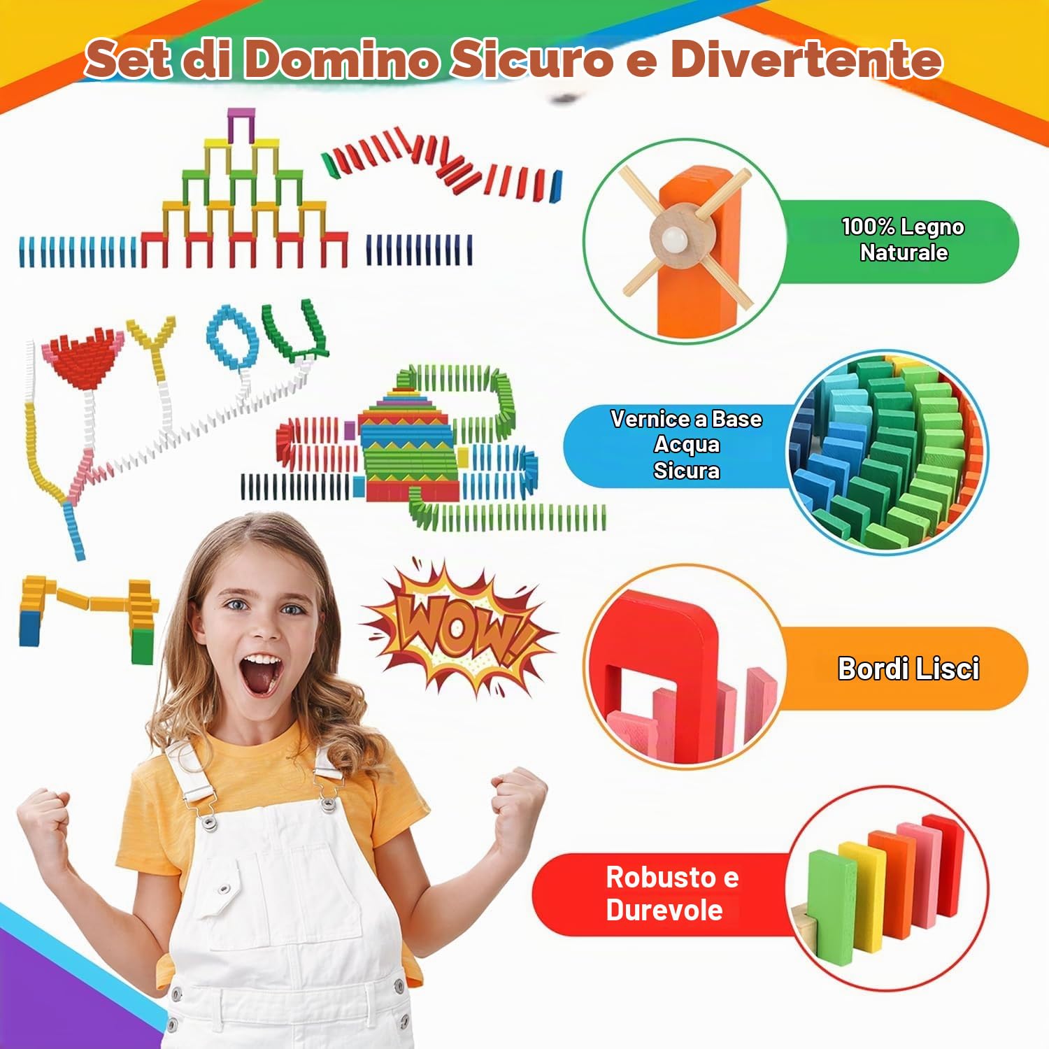 JONRRYIN 600 Pezzi Domino in Legno Set per Bambini, Blocchi da Costruzione in Legno Colorati con Borsa Portaoggetti, Montessori Domino Gioco Giocattoli Educativo Regalo