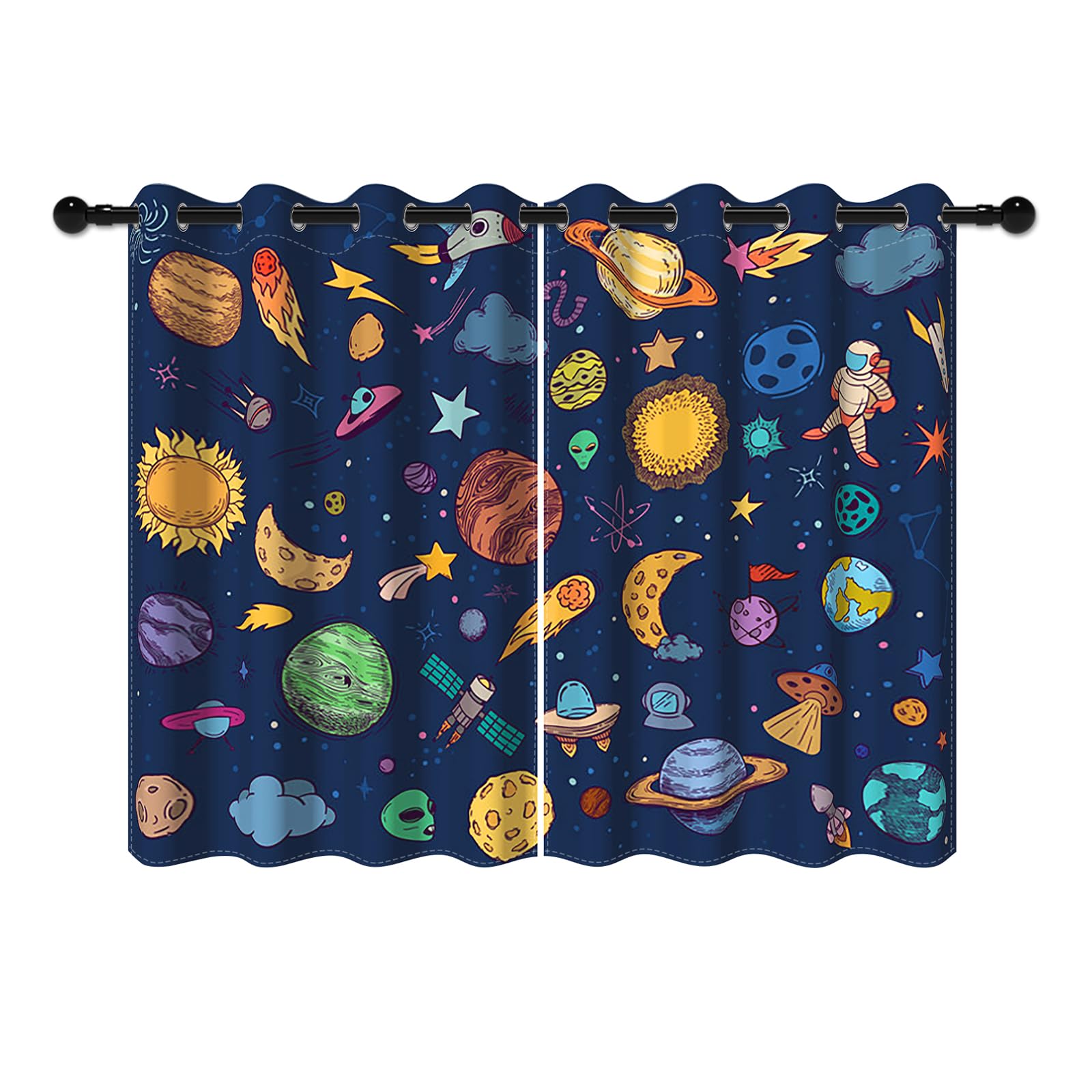 YONGFOTO 107x160cm Dibujos Animados Patrón Cortinas Opacas Astronauta Cohete Estrellas Galaxia Cósmica Planetas Sistema Solar por Sala Dormitorio Infantil Cortinas de Ventana, 2 Paneles con Ojal