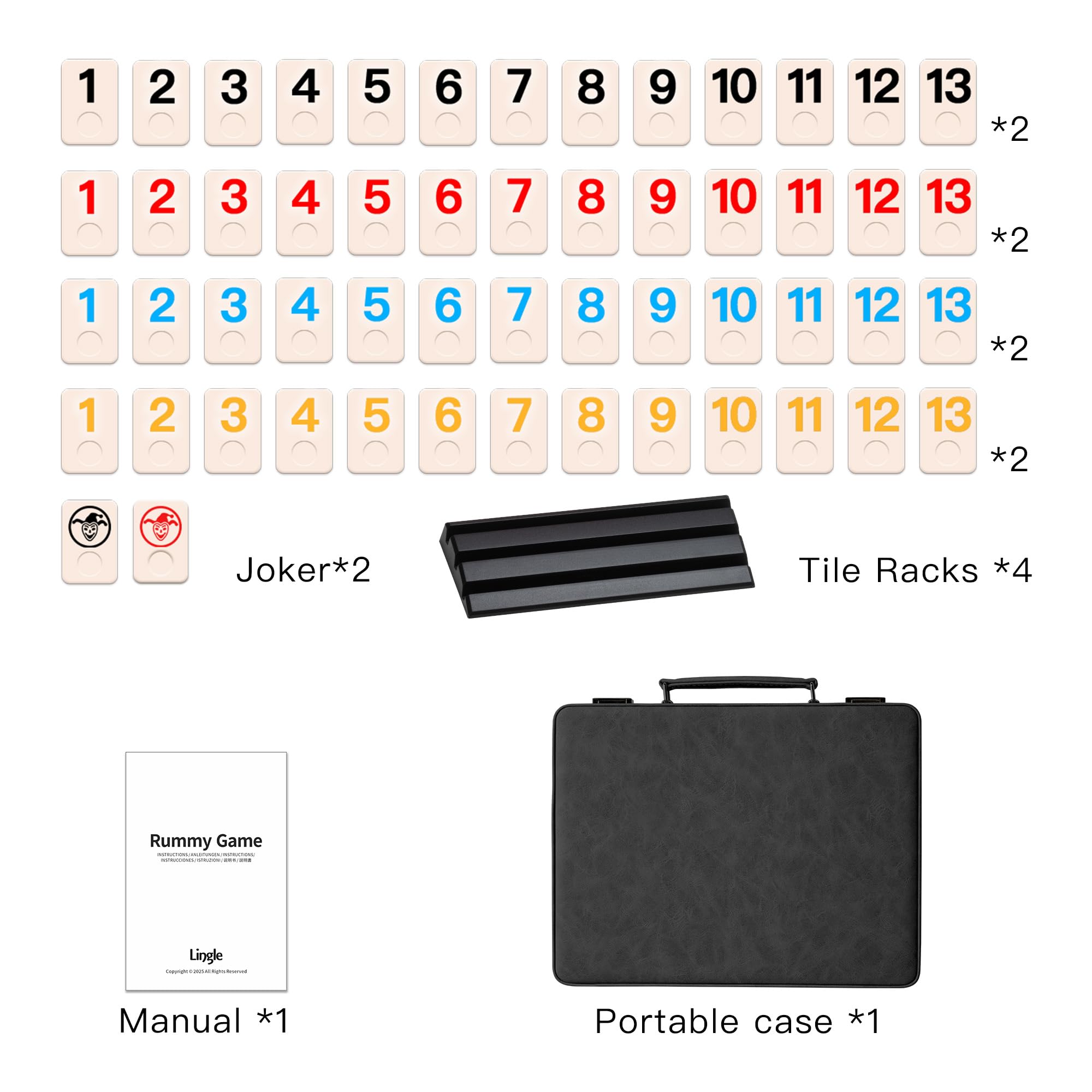Rummy Game Set, 2-4 players with 106 tiles and 4 rack, Rummy Travel Game Set with Faux Leather Case, Fun Family Classic Board Games (Black)